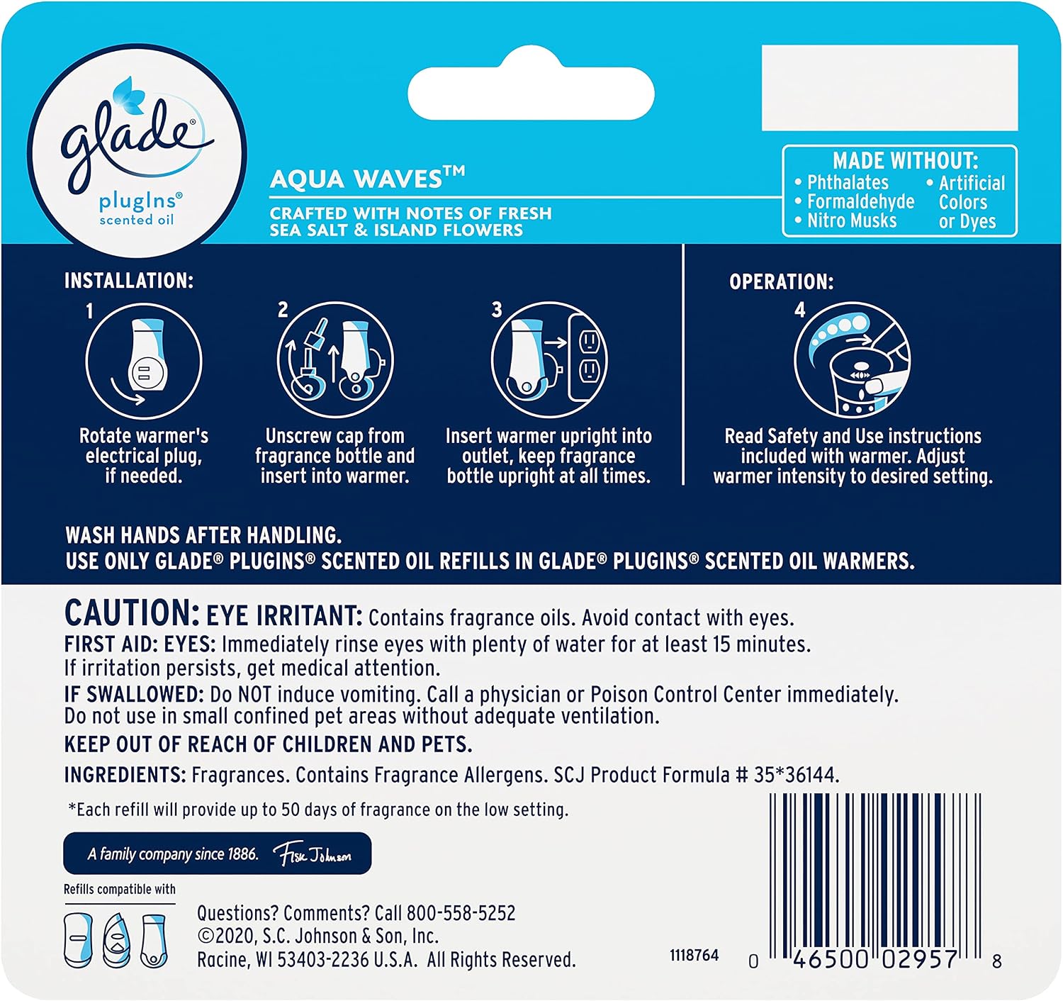 Glade PlugIns Refills Air Freshener, Scented and Essential Oils for Home and Bathroom, Cashmere Woods, 2.01 Fl Oz, 3 Count