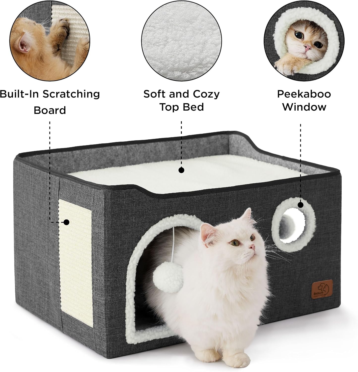 Bedsure Cat House Bed for Indoor Cats with Fluffy Ball and Scratch Pad,Grey