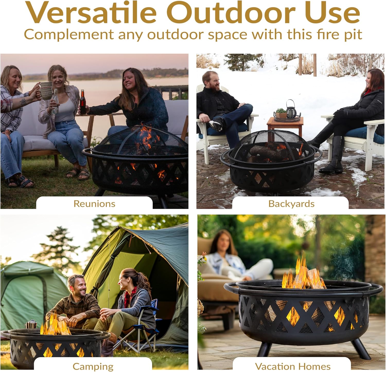 Sunnydaze Crossweave Large Outdoor Fire Pit, Wood Burning, Round, 36" | Black, Heavy Duty Steel Metal, Patio Fire Pit with Spark Screen, Poker, & Cover, Wood Firepit for Outside, Backyard, or Deck