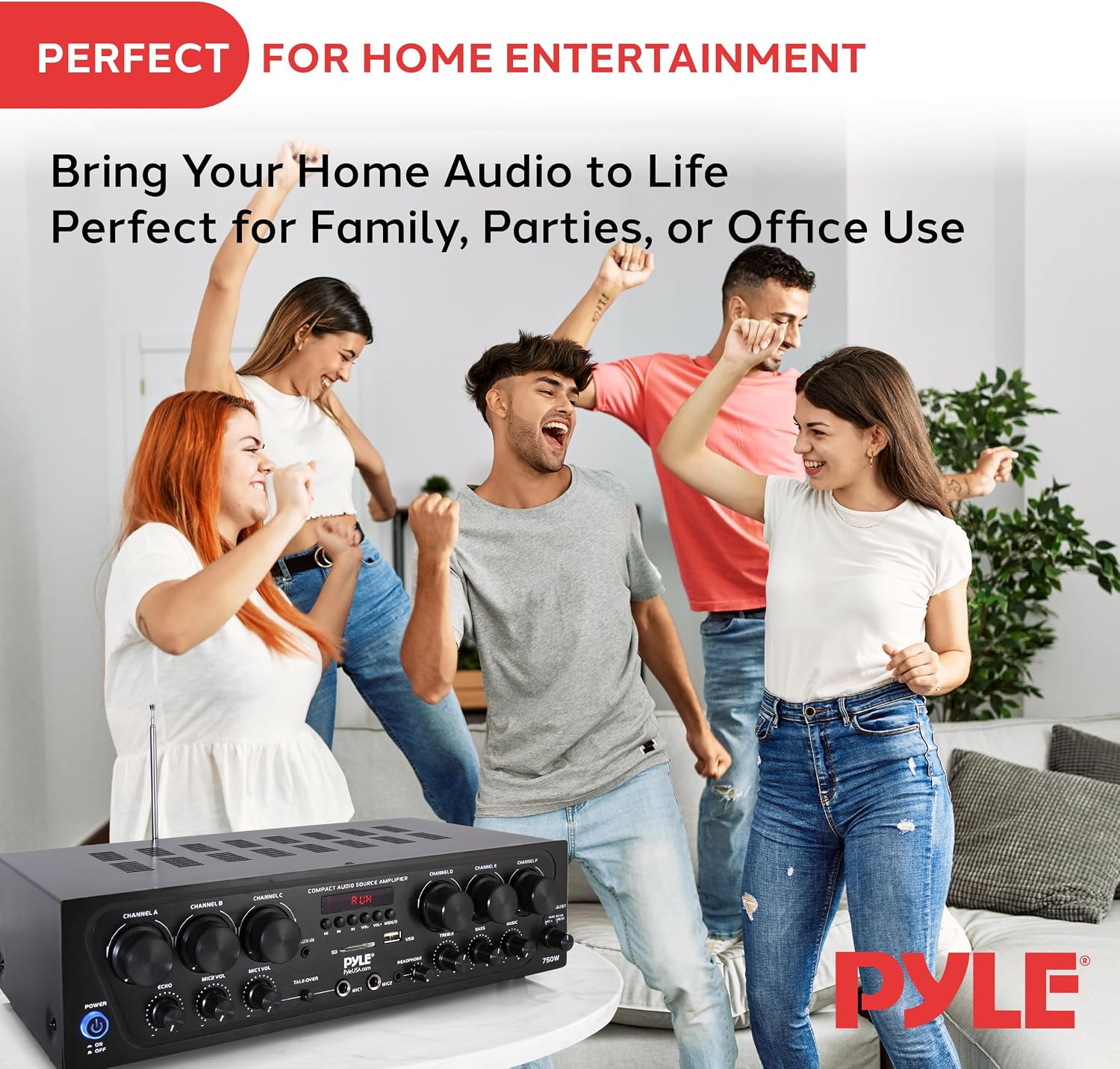Pyle Bluetooth Wireless Home Amplifier System - Upgraded 6 Channel Audio, 750 Watt Power, Easy Karaoke, Stereo Receiver w USB-A, Micro SD, Headphone