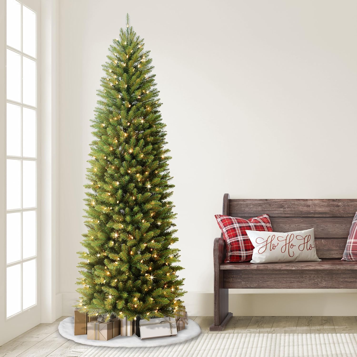 Puleo International 7.5ft Pre-Lit Fraser Fir Pencil Christmas Tree with 350 Clear Lights, 1188 Realistic Dense Branch Tips, Easy Setup Artificial Trees with Sturdy Metal Stand