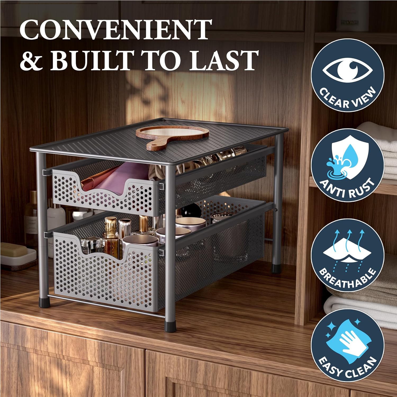 Simple Houseware Stackable 3 Tier Sliding Basket Organizer Drawer, Silver