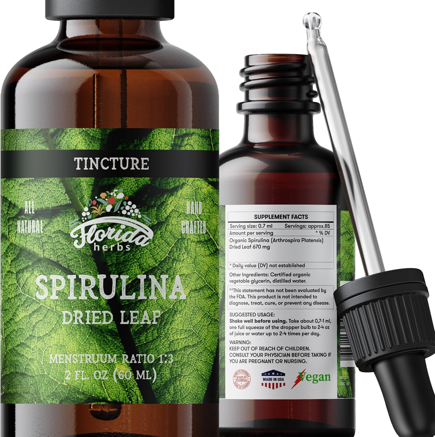Spirulina Tincture, Organic Spirulina Extract (Arthrospira Platensis) Herbal Supplement, Non-GMO in Cold-Pressed Organic Vegetable Glycerin, 700 mg