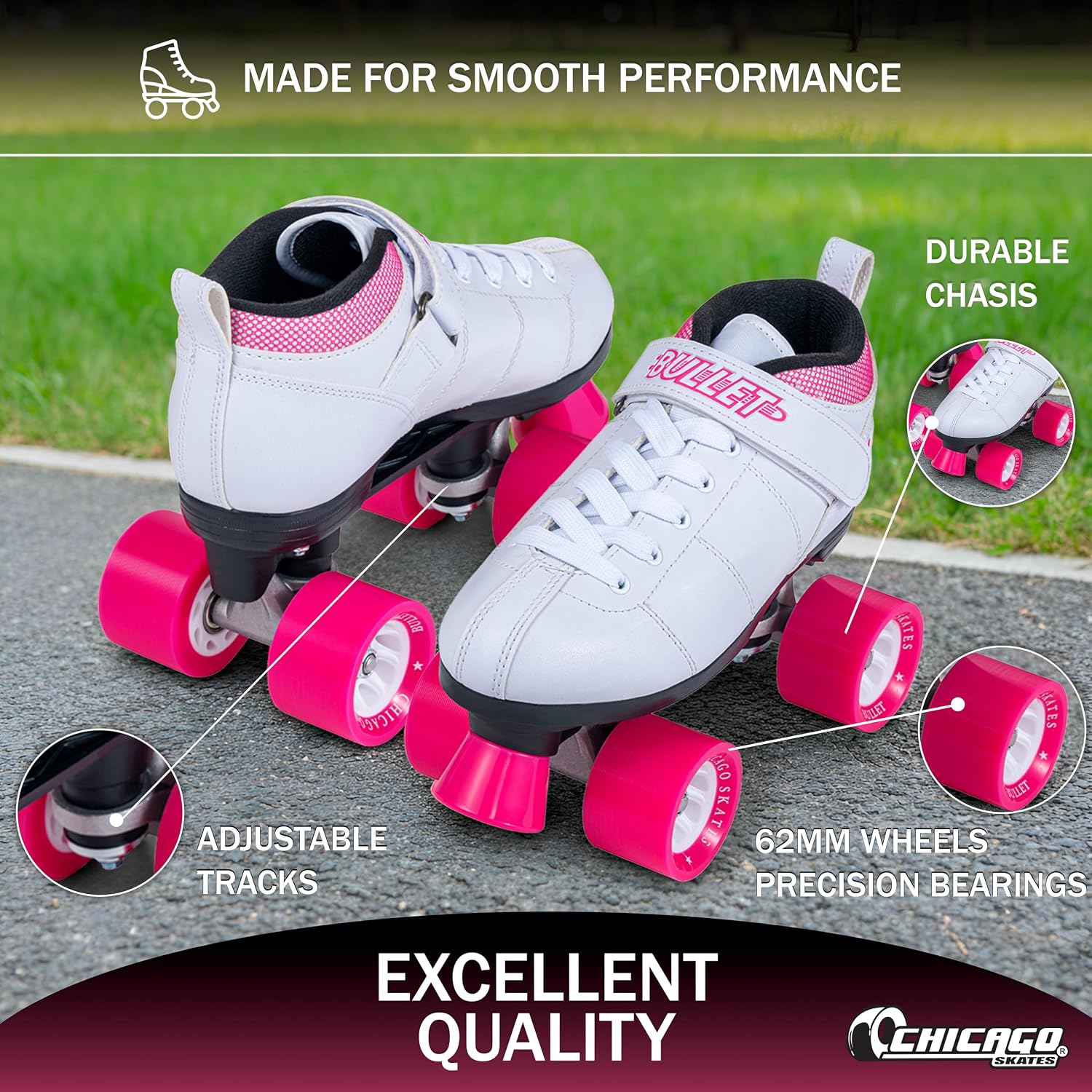 Chicago Skates Bullet Speed Roller Skates – Adjustable Quad Roller Skates Women Men, Durable Skates, Top Performance with Front Stopper, 62mm Urethane Wheels, Low-Cut Ankle Boot, Indoor Outdoor Toys