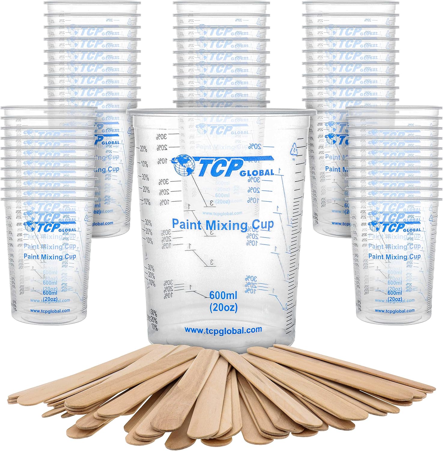 TCP Global 20 oz. (600ml) Graduated Plastic Mixing Cups - Box of 50