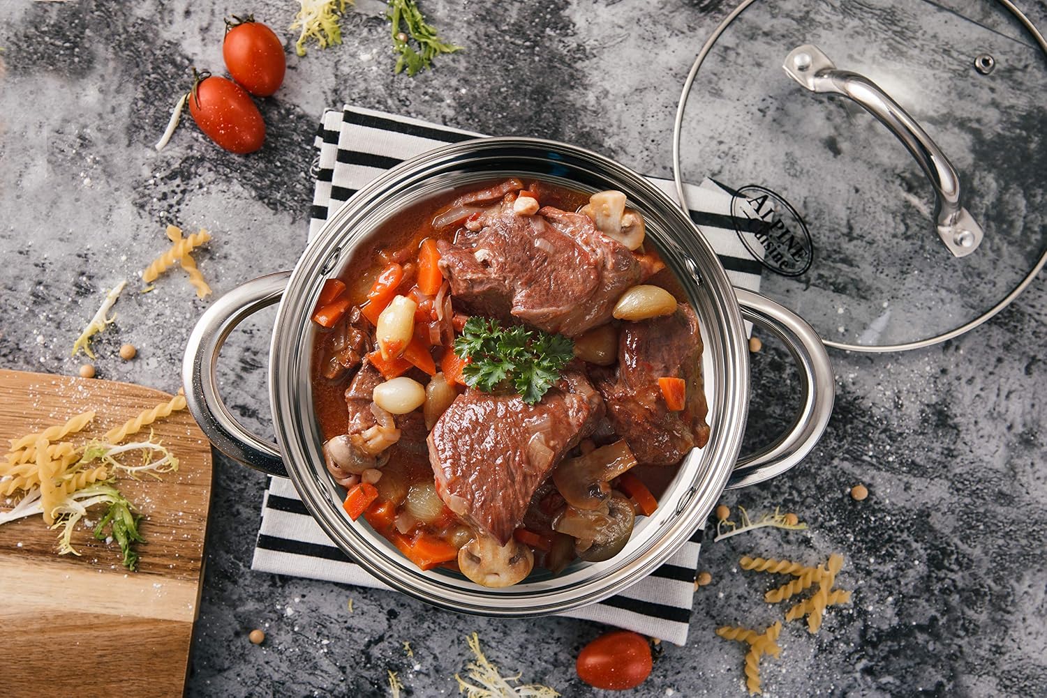 Alpine Cuisine 2-Quart Stainless Steel Dutch Oven with Tempered Glass Lid, Belly Shape, Heavy Duty & Dishwasher Safe