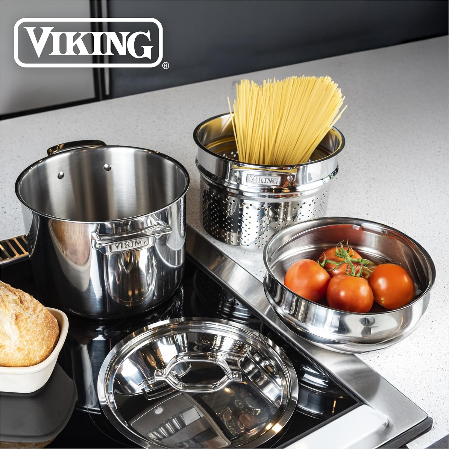 Viking 3-Ply Stainless Steel Pasta Pot with Lid, 8 Quart, 4 Piece Multipot Kitchen Cookware, Includes Pasta Insert and Steamer Basket