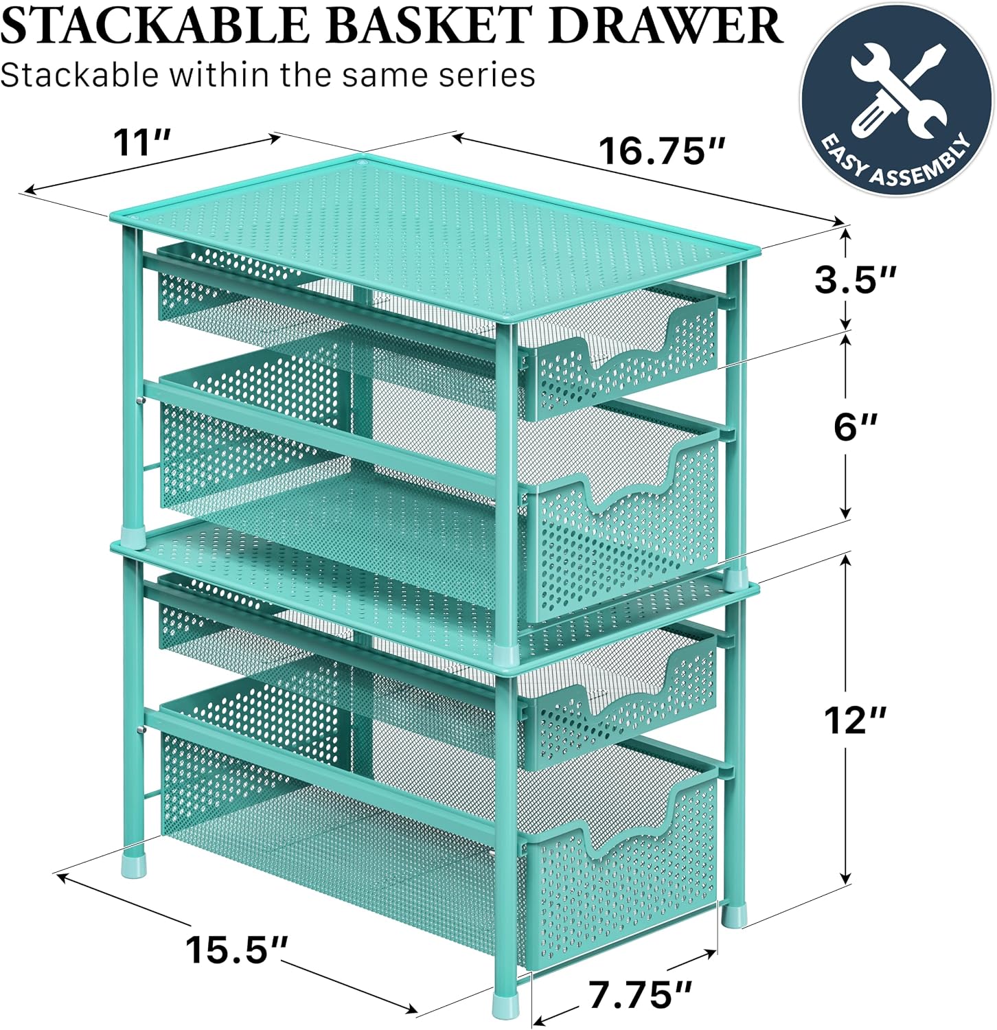 Simple Houseware Stackable 3 Tier Sliding Basket Organizer Drawer, Silver