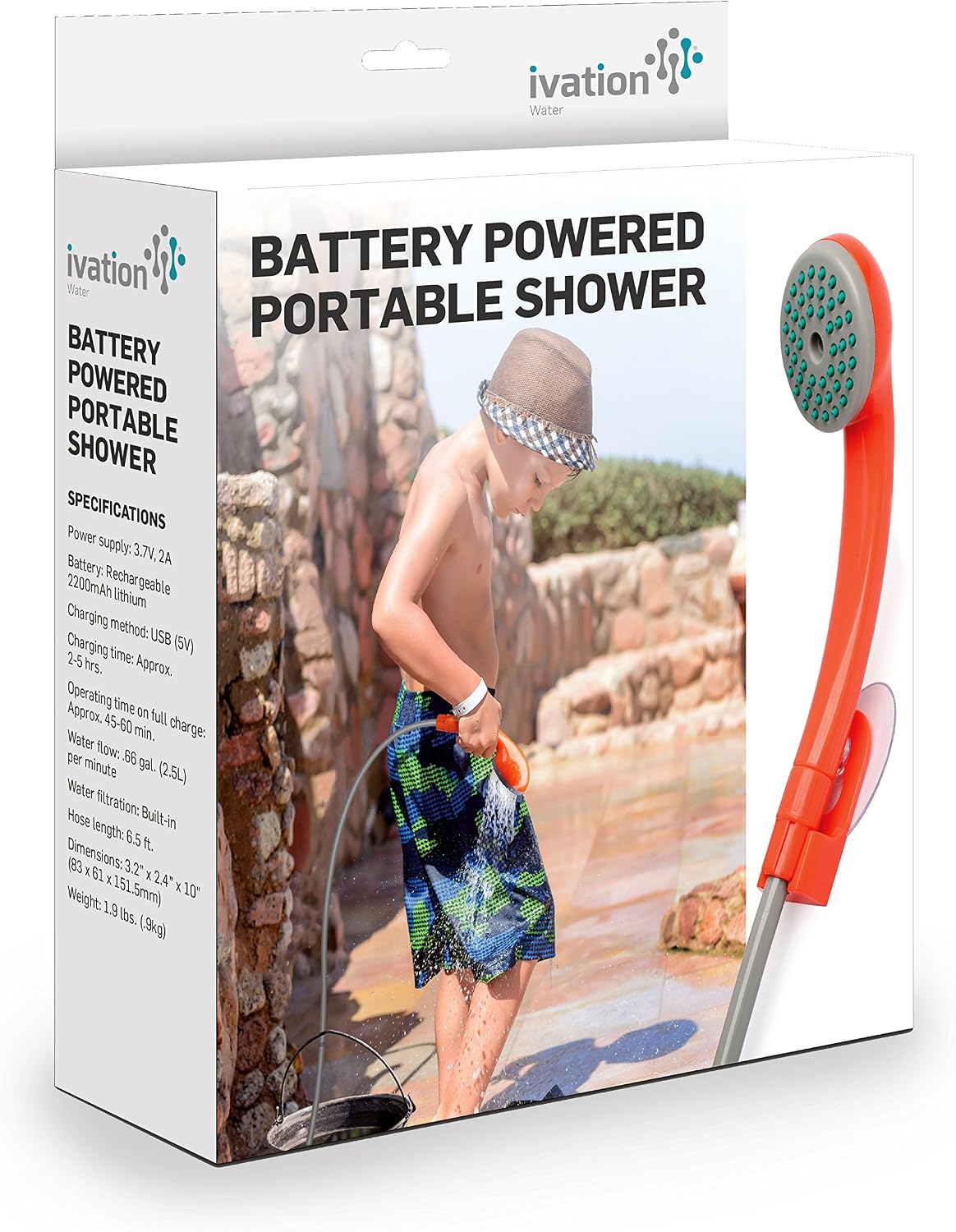 Ivation Portable Outdoor Shower, Battery Powered, Water Pump, Rechargeable | Pumps from any basin, sink, or tub for camping, dog washing, baby bathing