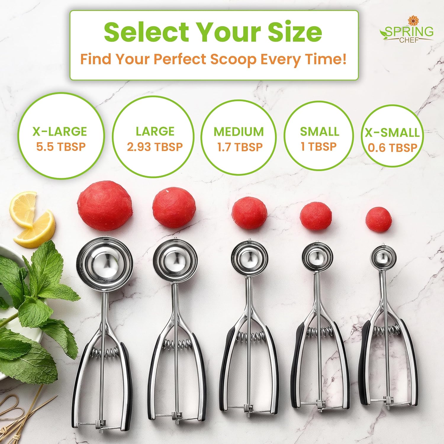 Spring Chef Medium Stainless Steel Cookie Scoop, #40, 1.7 Tablespoon, Black