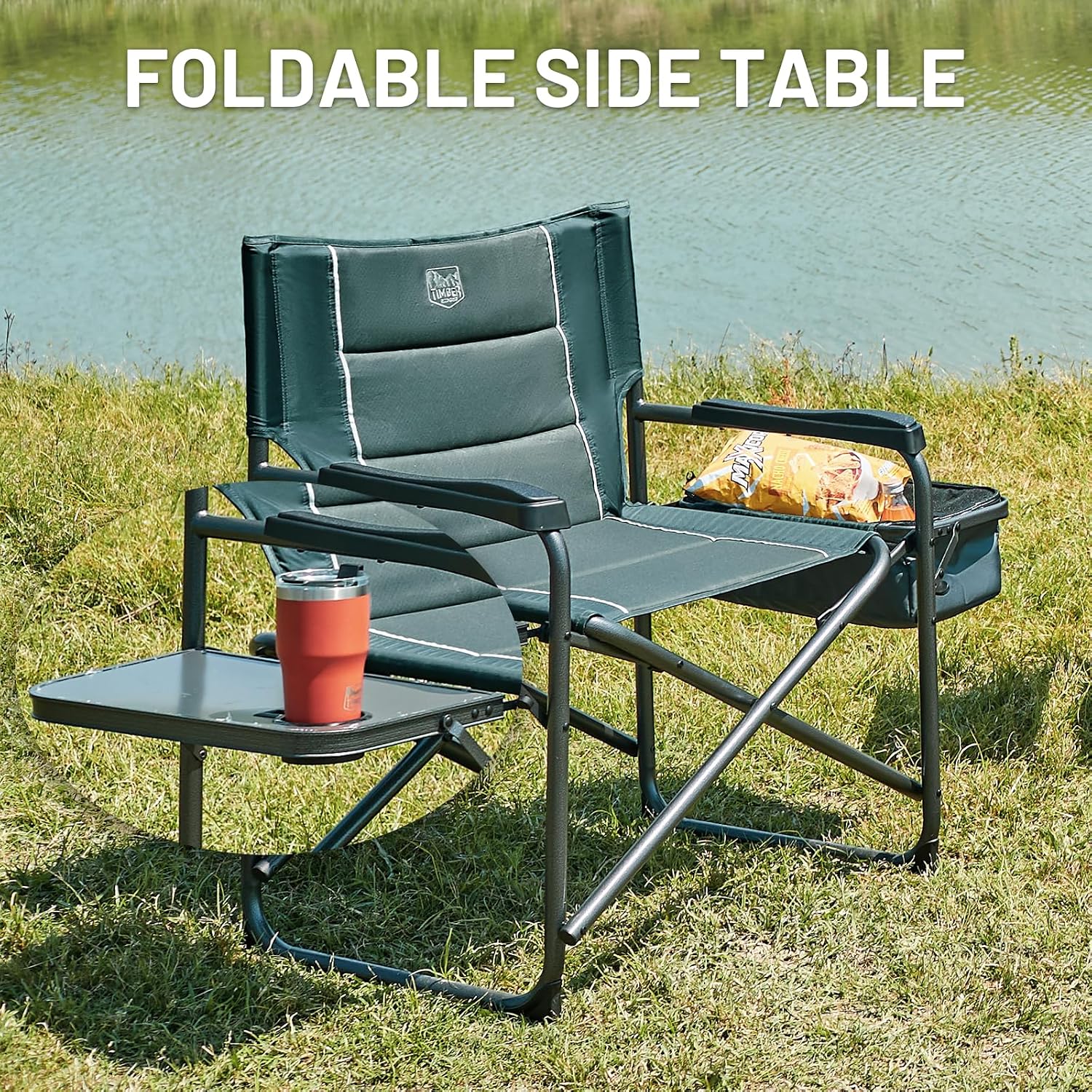 Timber Ridge XXL Oversized Directors Chair 600lbs - Heavy Duty Camping Chair with Cooler Bag & Table, Portable Folding Chair with Wide Seat for Tailgating, Patio, Outdoor - Grey