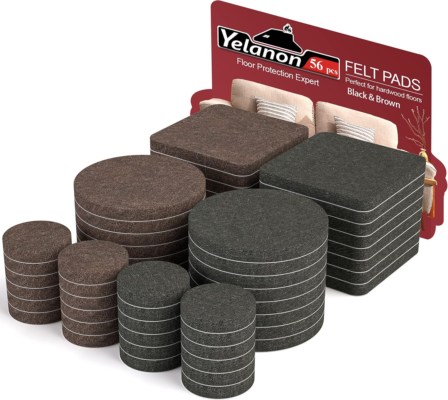 Yelanon Felt Furniture Pads 56 Pcs for Hardwood Floors Brown