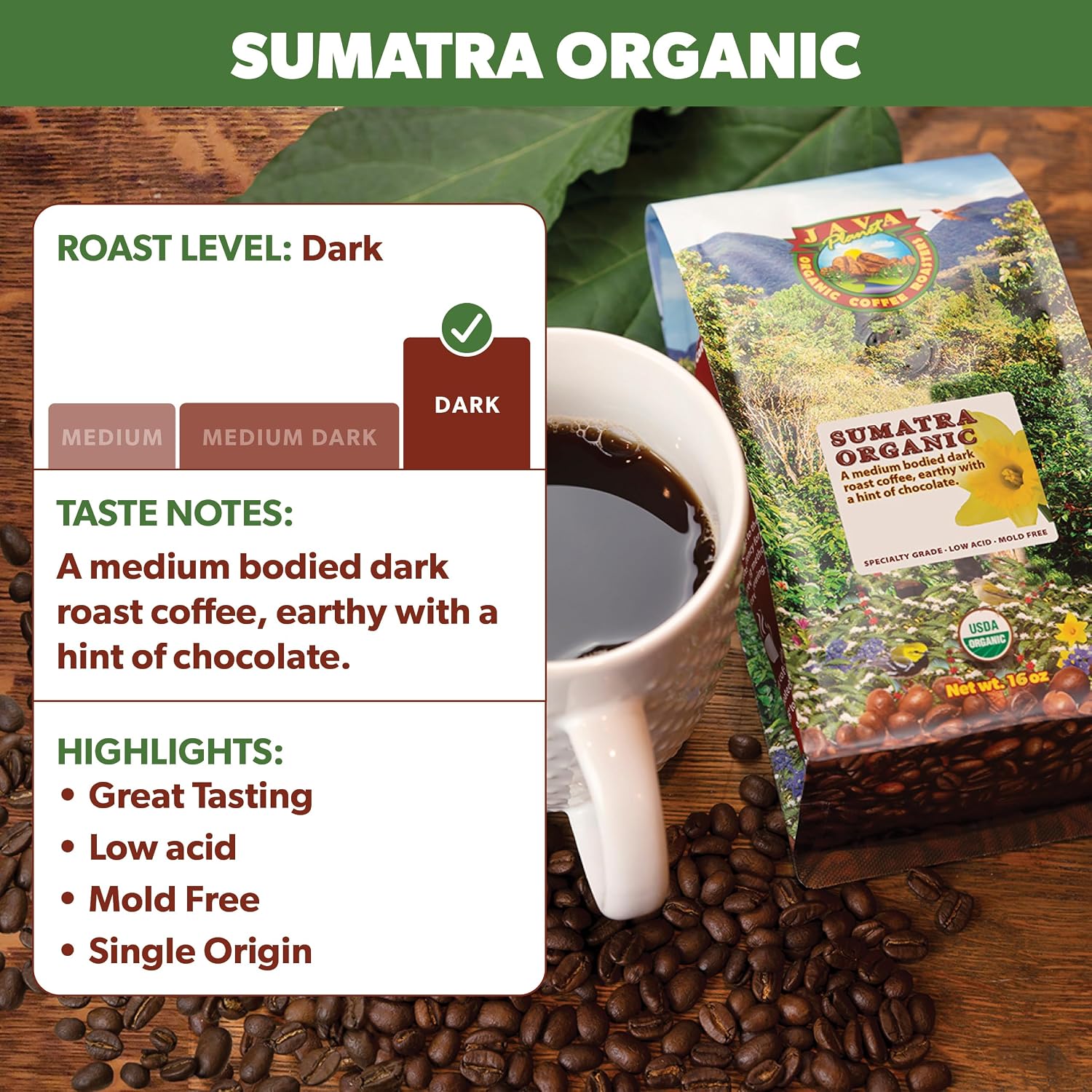 Java Planet Low Acid Organic Espresso Beans, Dark Roast Coffee Beans, 16 oz