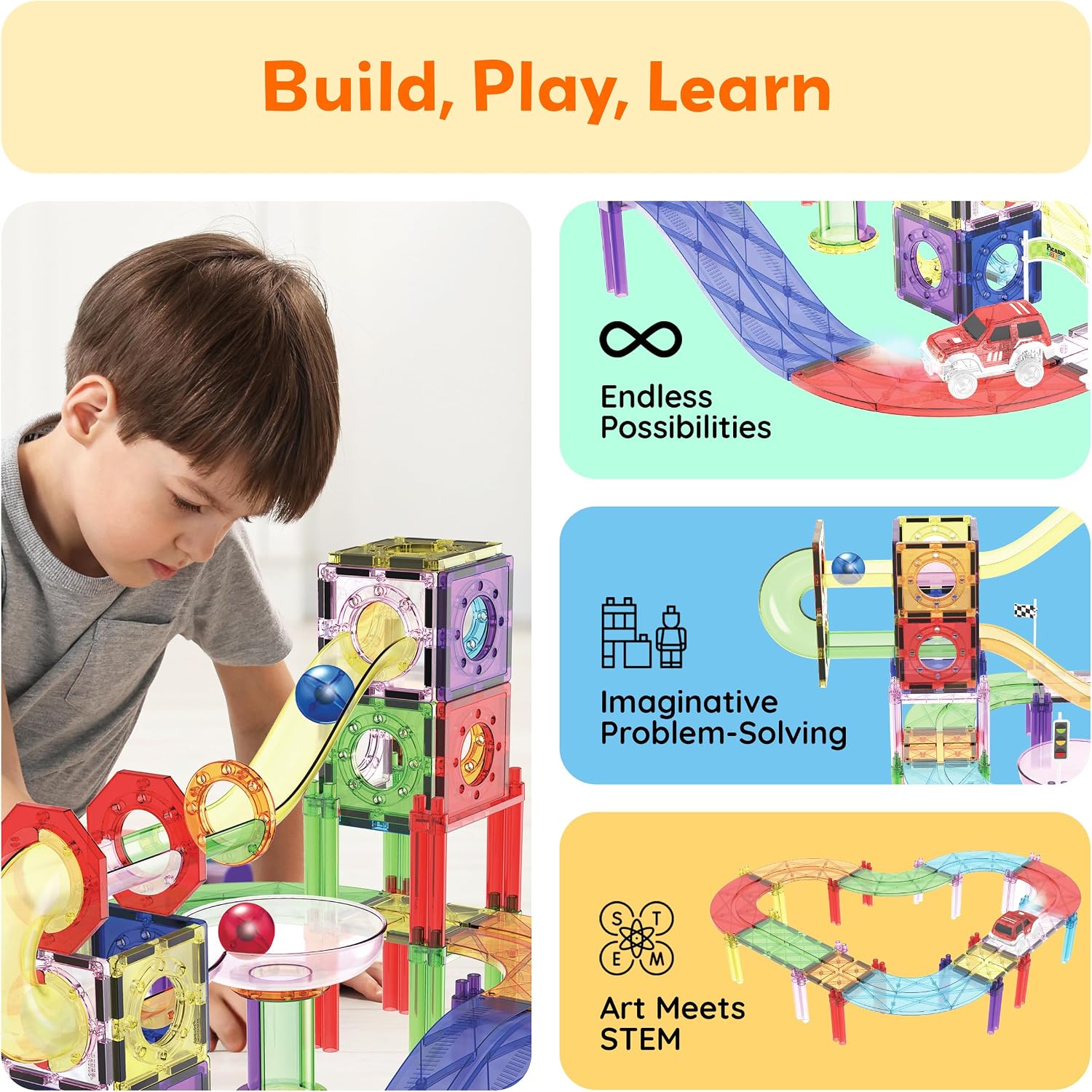 PicassoTiles Race Track Add-On Railway Magnetic Tiles STEM Construction Toy