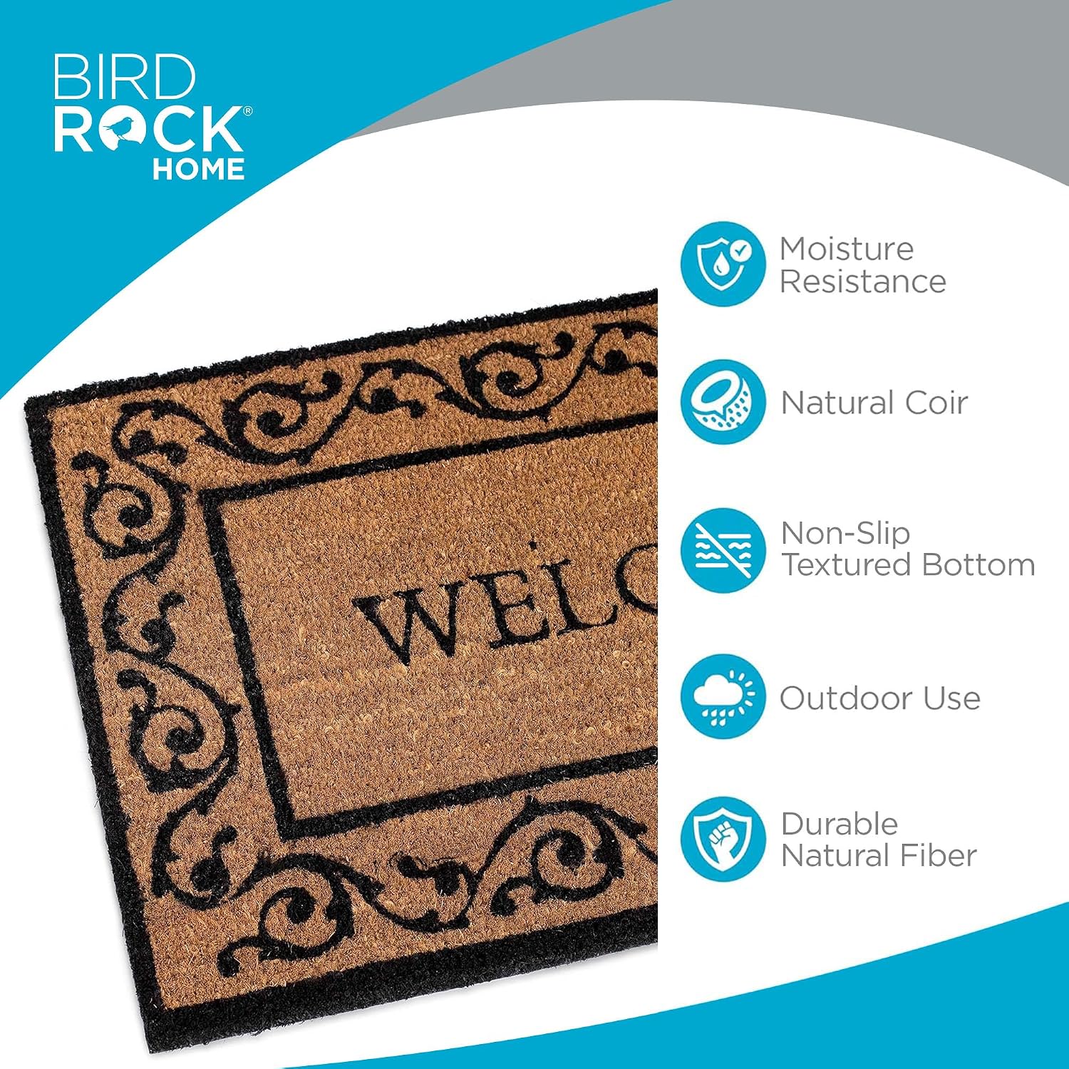BIRDROCK HOME Welcome Coir Doormat with Scroll Border | 18 x 30 Inch | Standard Welcome Mat with Black Decorative Border | Natural Fade | Vinyl