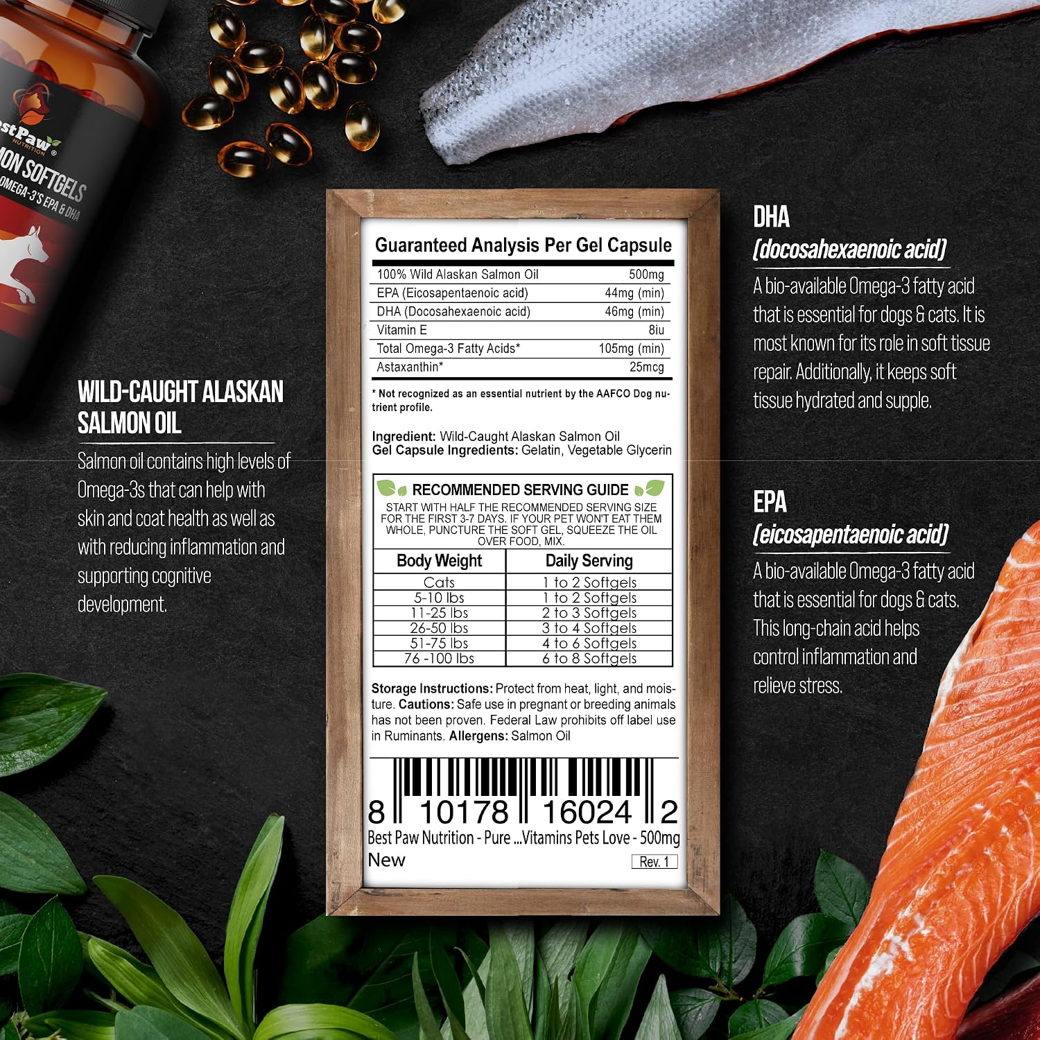 Wild Alaskan Salmon Oil for Dogs and Cats | Omega 3 Fish Oil Soft Gel Capsules | Skin and Coat, Joint and Heart Support | 500mg EPA DHA | 60 Count