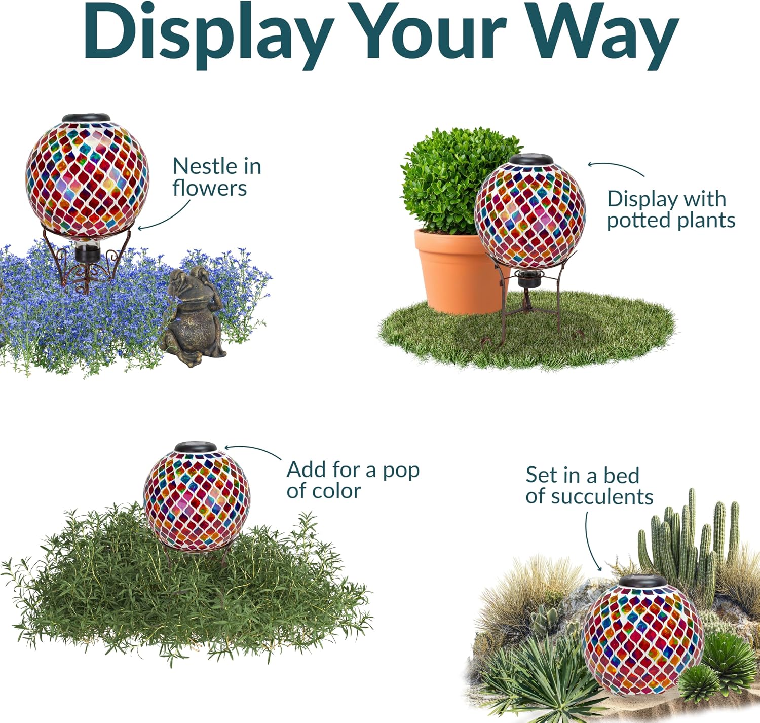 Sunnydaze Solar Gazing Ball for Garden, Mosaic Cool Blooms