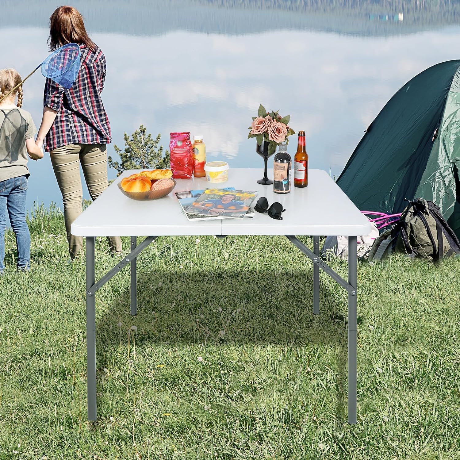 REDCAMP 34" Square Folding Card Table with Resin Top, Portable Fold in Half Small Card Tables with Collapsible Legs for Adults Indoor Outdoor Use