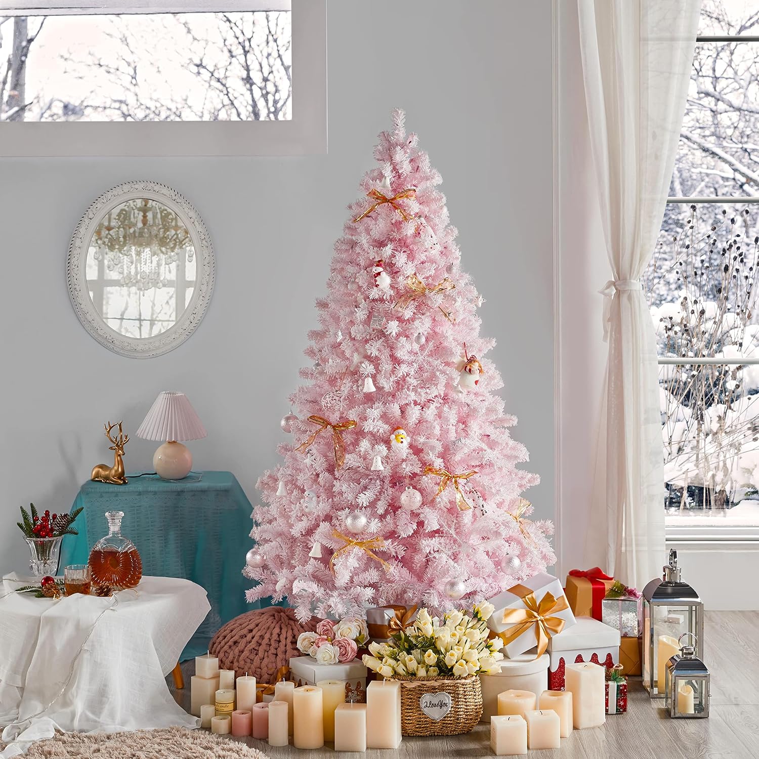 Yaheetech 7.5ft Pre-Lit Snow Flocked Artificial Christmas Tree, 550 Lights