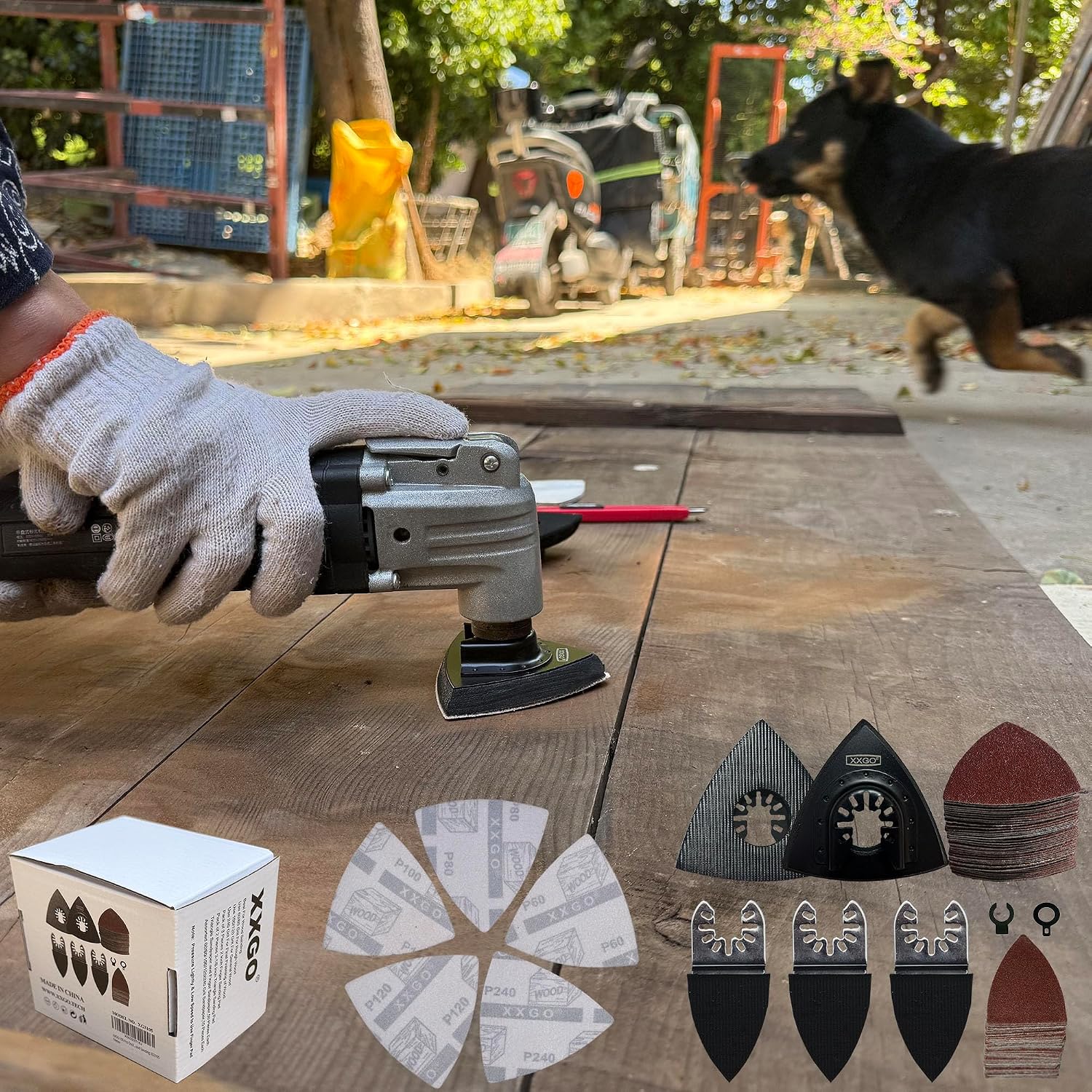XXGO 55 Pcs 80mm 3-1/8 Inch Triangular Oscillating Multi Tool Sanding Pads | Assorted Grit , Hook & Loop Design , Strong Velcro , Best for Metal Wood Sanding