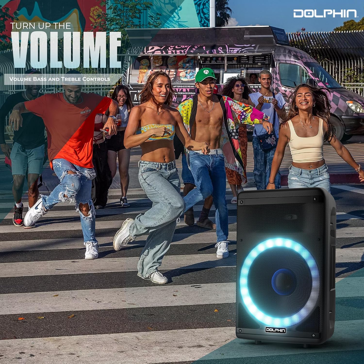Dolphin Bluetooth Party Speaker with Wired Microphone, 15" Woofer | 3600W Output, WaveSync Pairing, LED Lights, USB, SD, TF & AUX Inputs