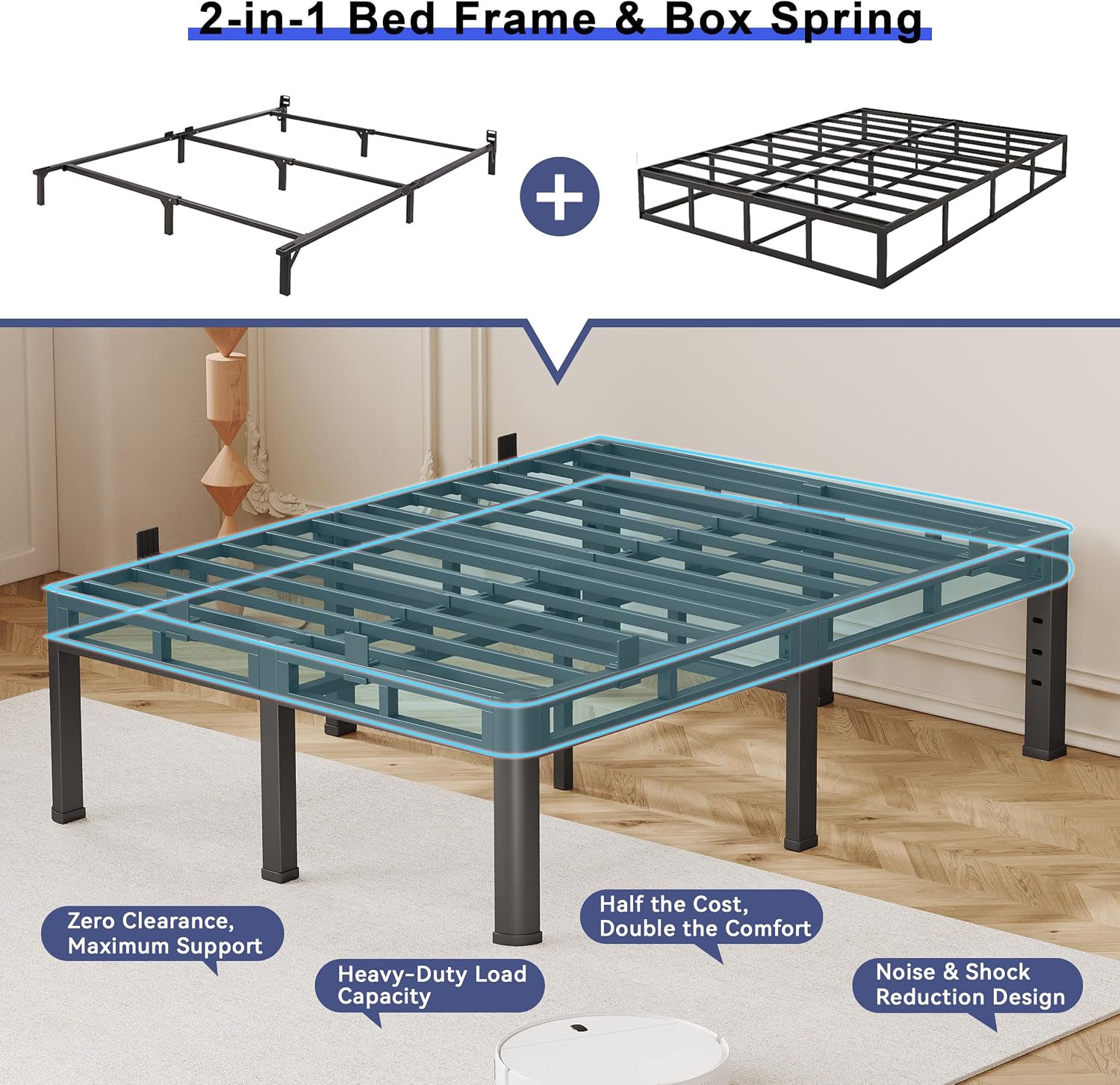 20 Inch Queen Size Bed Frame,Double Layer Heavy Duty Metal Platform Tall | Easy Assembly,Noise Free,2in1 Base,4000lbs Capacity,6 Mattress Stoppers,Round Corner Legs,16"Storage Space,Headboard Holes