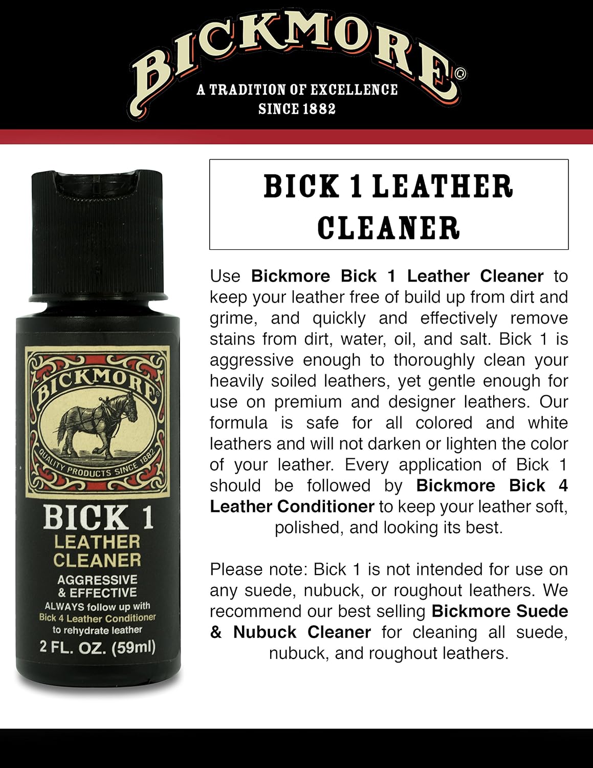 Bickmore Bick 1 Leather Cleaner 8 oz | Cleans dirt, oil, sweat, salt and water stains from all colored, white and black leather.