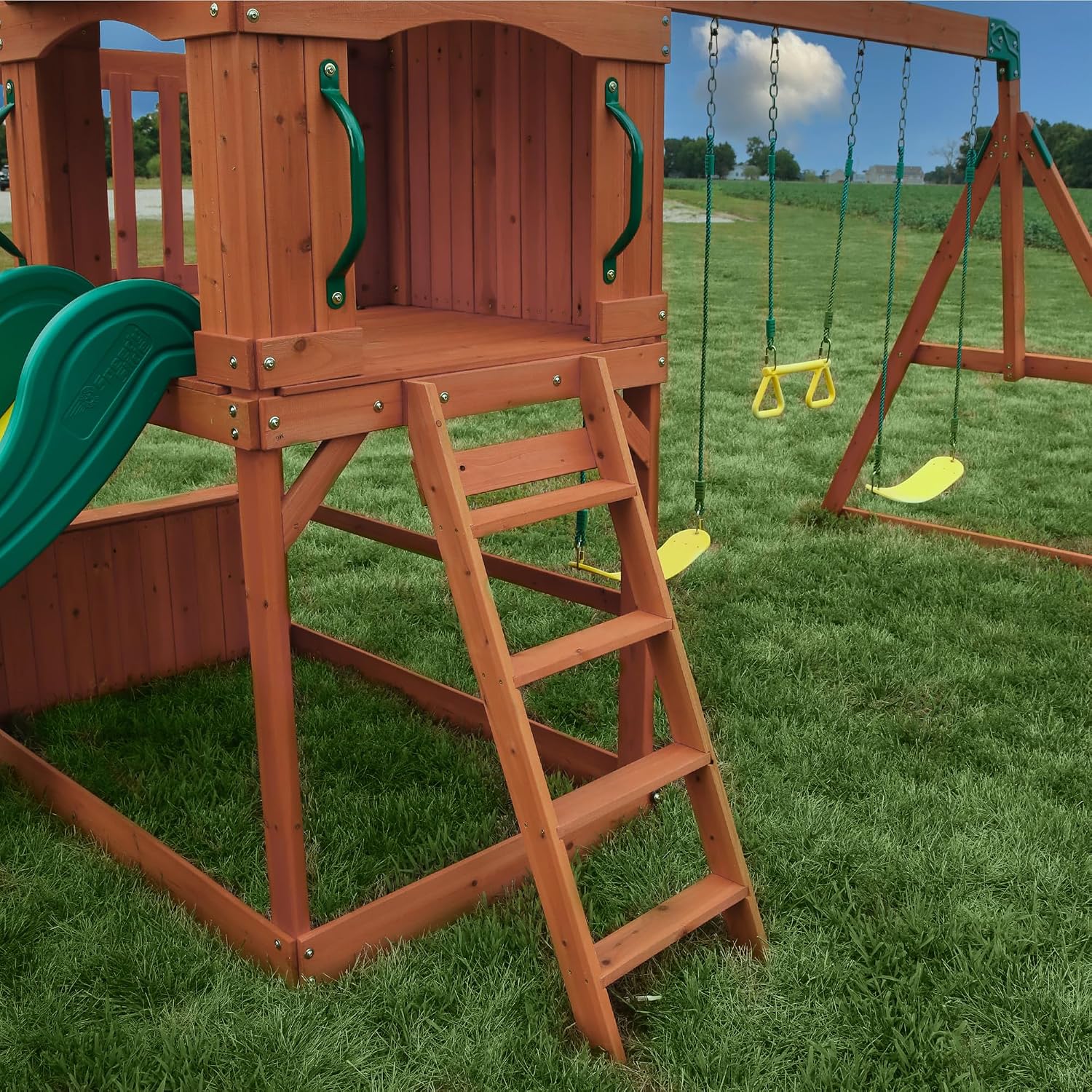 Backyard Discovery Atlantis Cedar Wood Swing Set with Wave Slide, Raised Clubhouse, Rock Wall, Belt Swings, Trapeze, Balcony, Lower Play Space