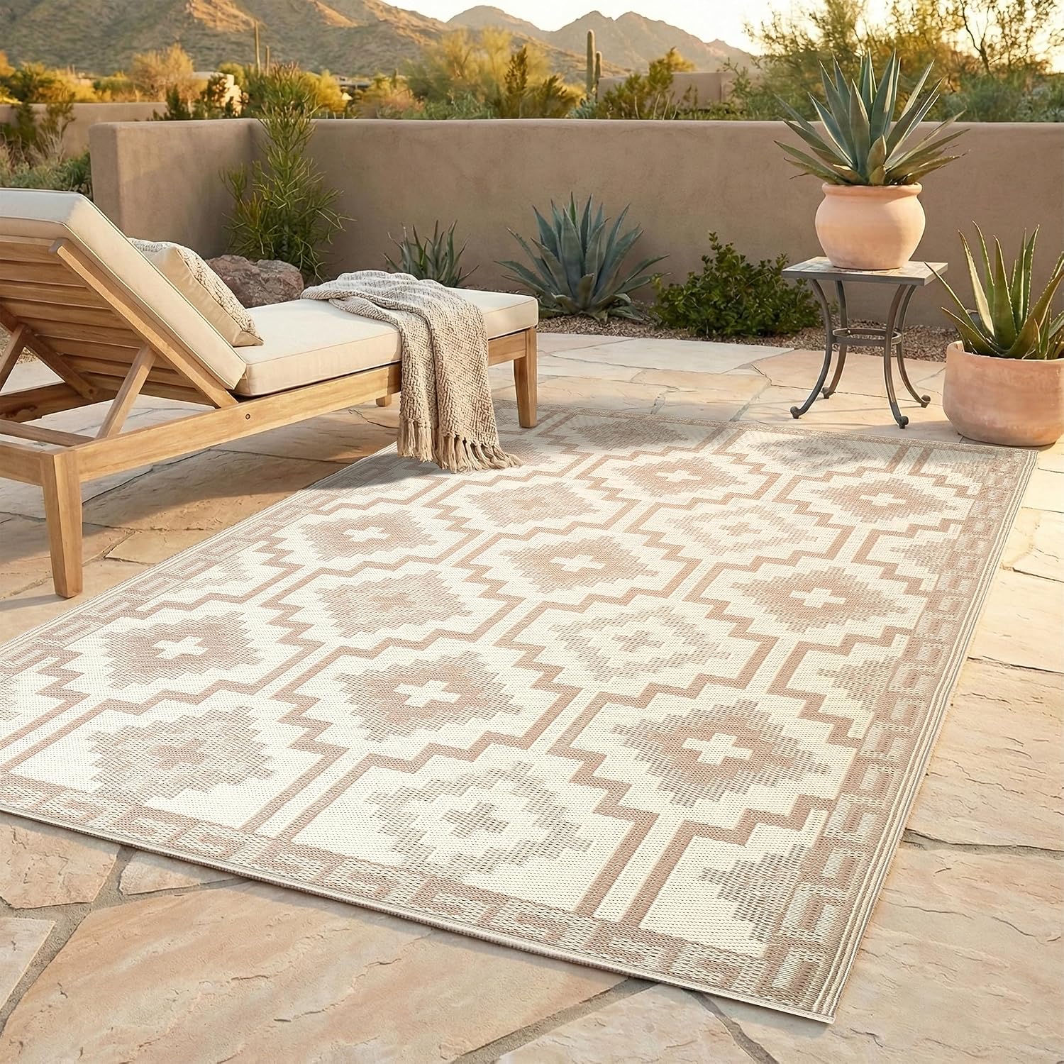 Fab Habitat Outdoor Rug - Waterproof, Fade Resistant, Crease-Free - Premium Recycled Plastic - Geo Tribal - Porch, Deck, Balcony, Mudroom
