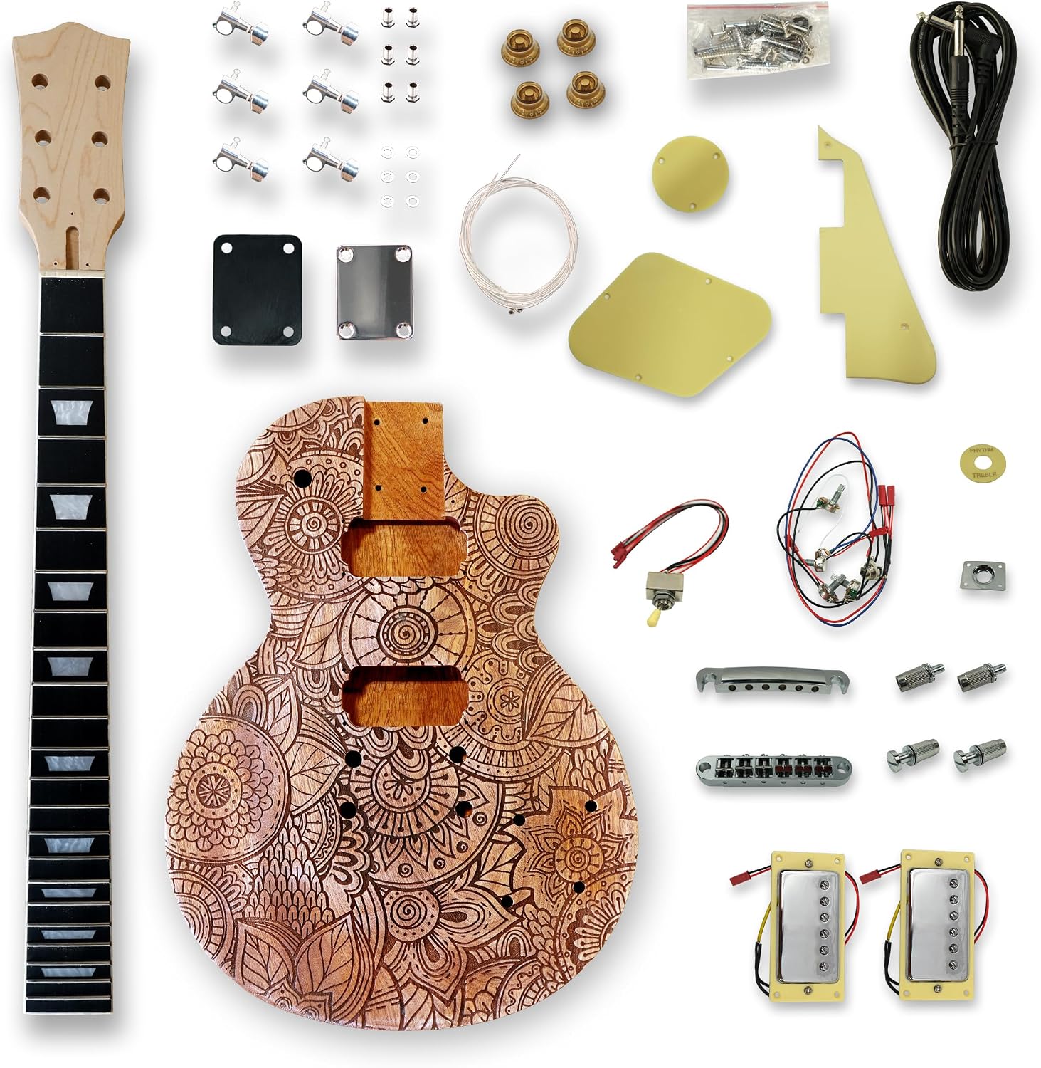 DIY Electric Guitar Kits Okoume wood Body curved top with mahogany veneer cover maple neck & composite ebony fingerboard