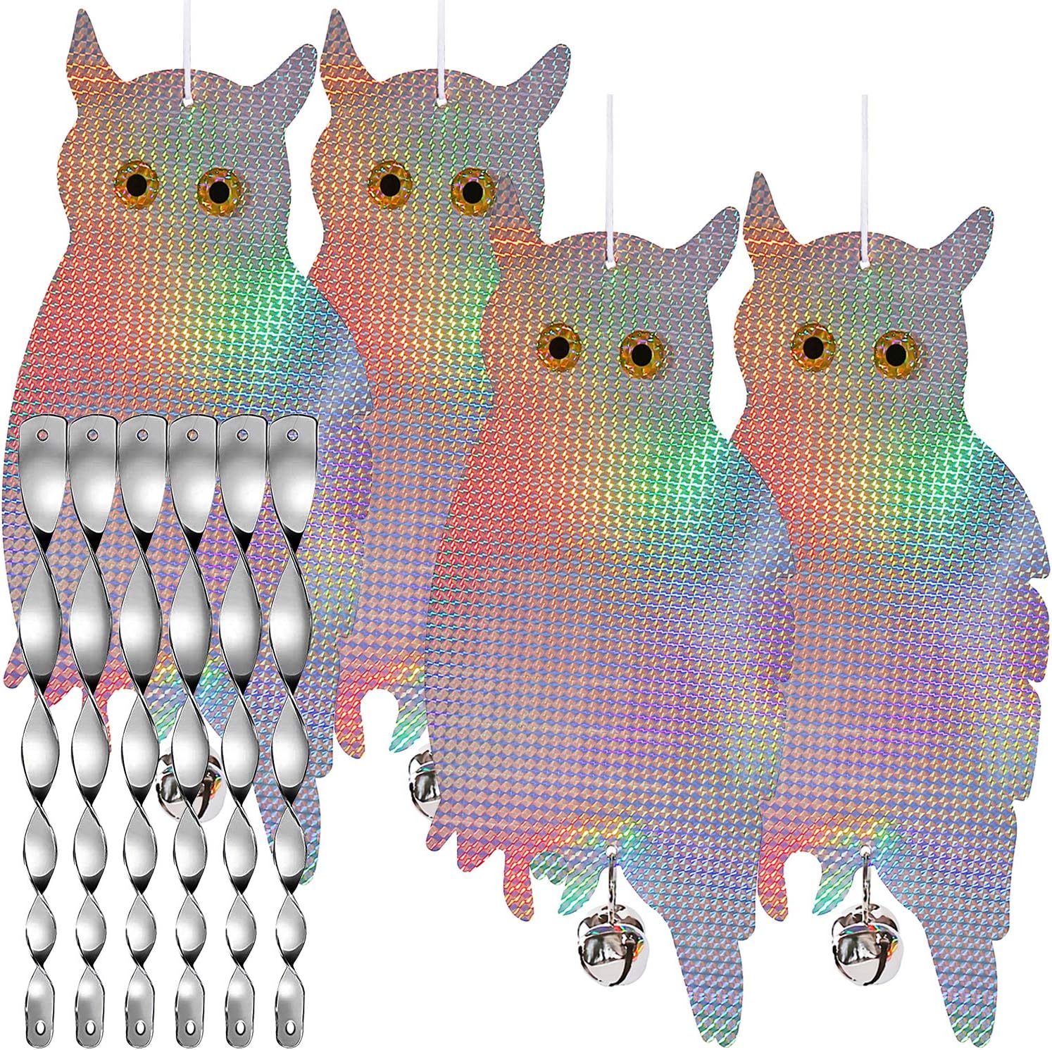 Dyvicl Fake Owl Hanging Reflective Owl for Woodpecker Deterrent 4 Pack, Bonus 6 Reflective Scare Spiral Rods