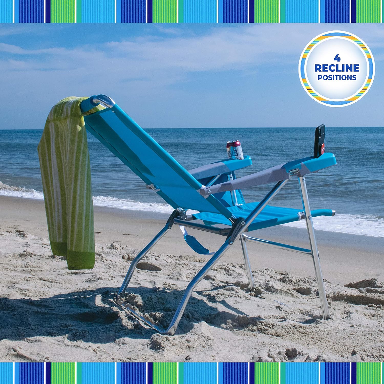 Rio Brands 17" Extended Height 4-Position Folding Beach, Camping, Lawn Chair, Blue/White/Green