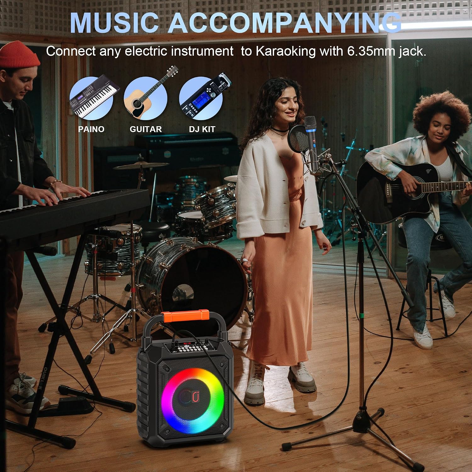 JYX Karaoke Machine for Adults & Kids with 2 Wireless Microphones, Portable Bluetooth Speaker with LED Lights, Supports USB/TF Card/AUX for Party