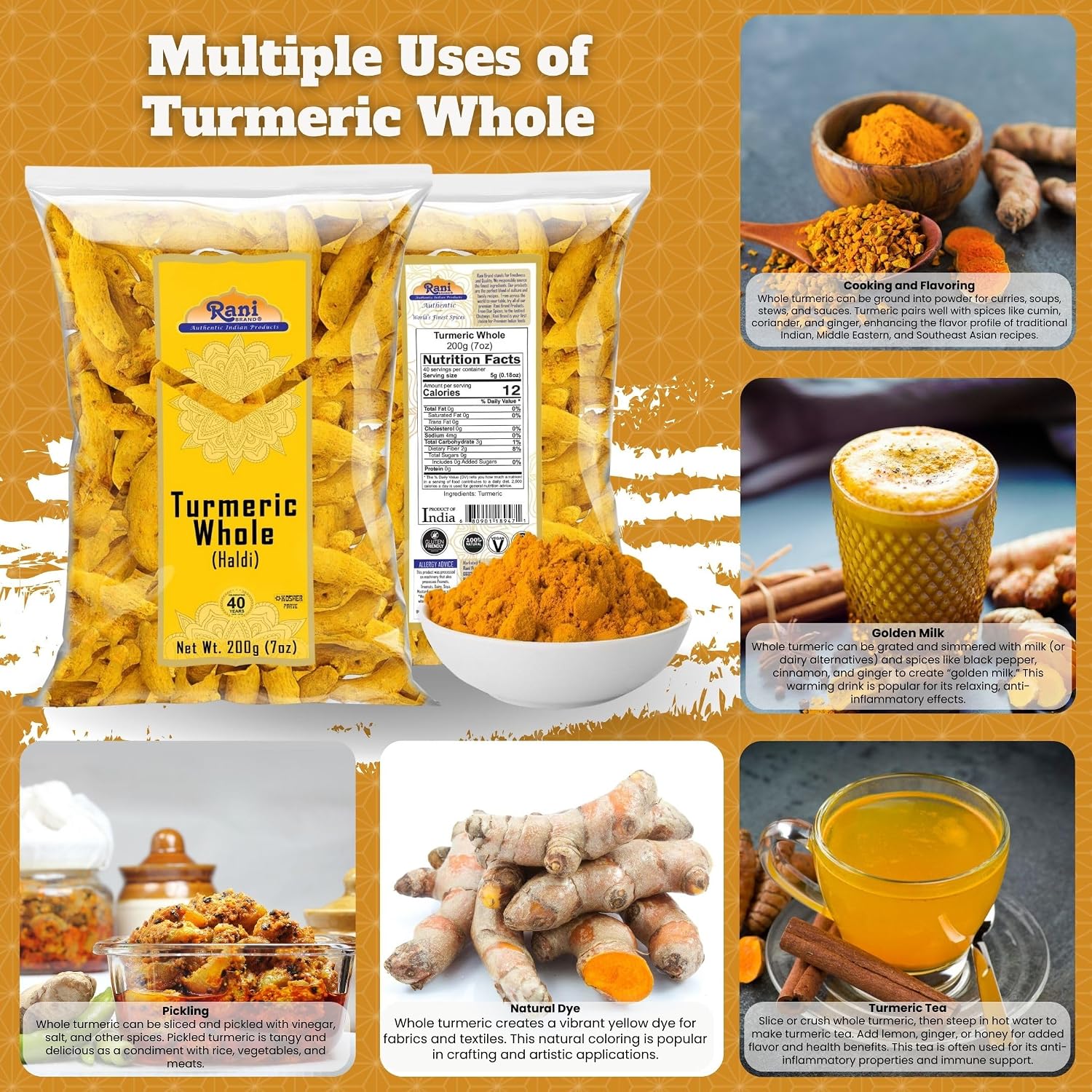 Rani Turmeric (Haldi) Root Whole Spice, Dried 7oz (200g) ~ All Natural | 100% Pure | Vegan | Gluten Friendly | NON-GMO | Kosher | Indian Origin