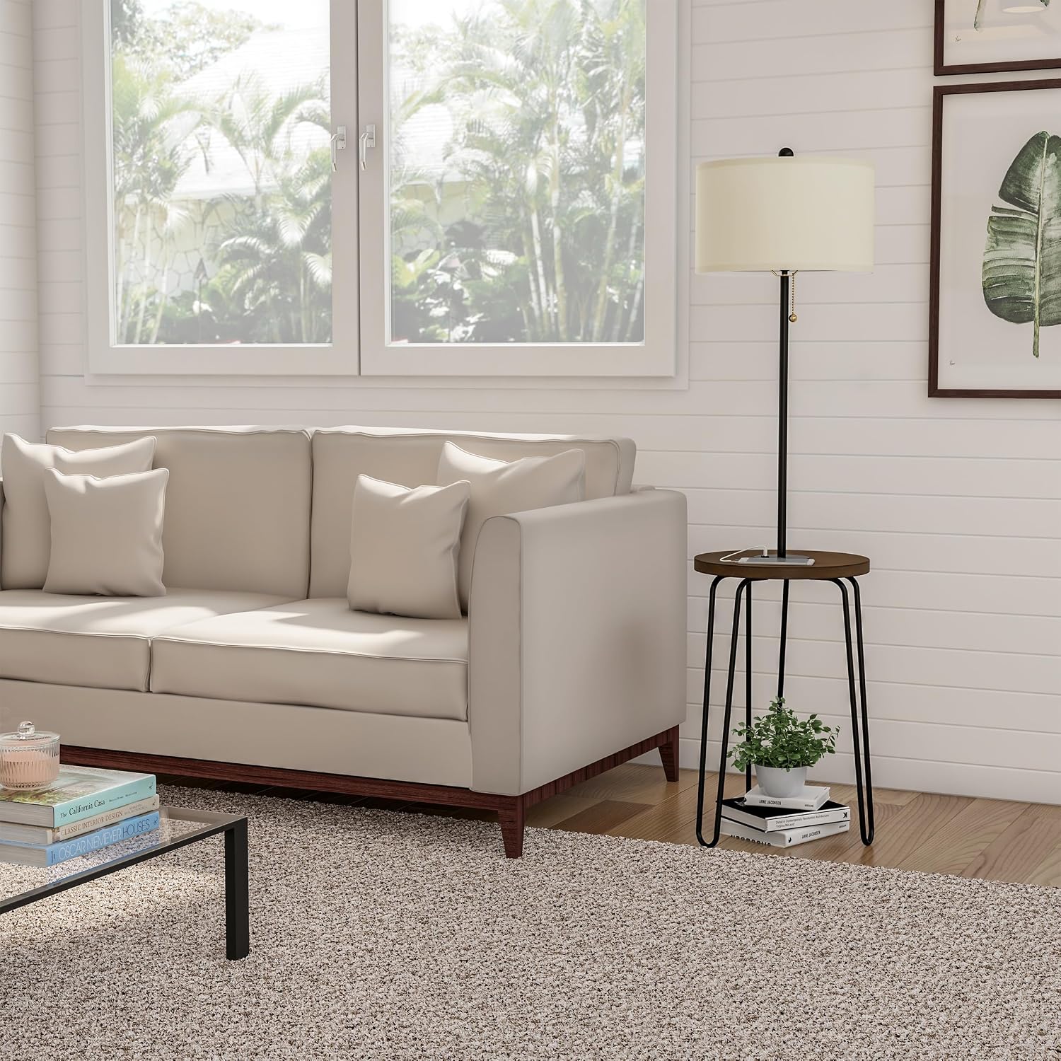 Lavish Home Floor Lamp with Built-In End Table, Brown/Black, 17” x 59” | Modern Side Table with USB Charging Port, LED Bulb, and Hairpin Legs
