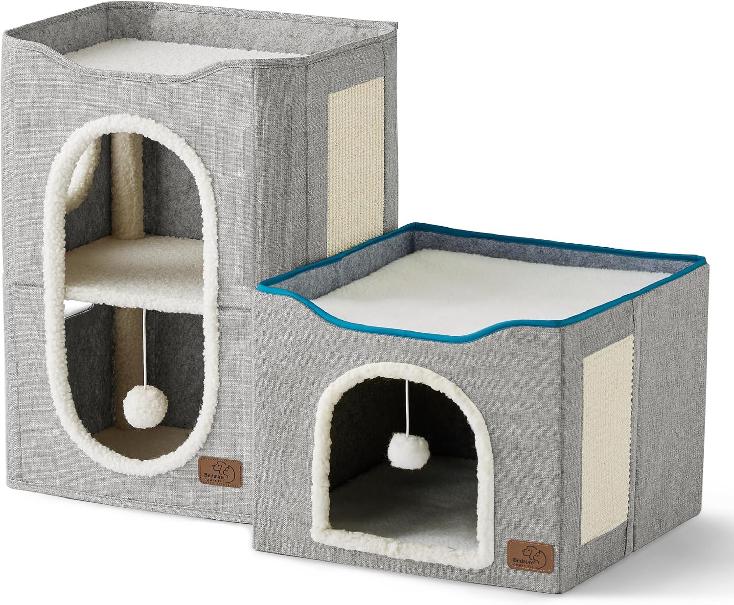 Bedsure Cat House Bed for Indoor Cats with Fluffy Ball and Scratch Pad,Grey