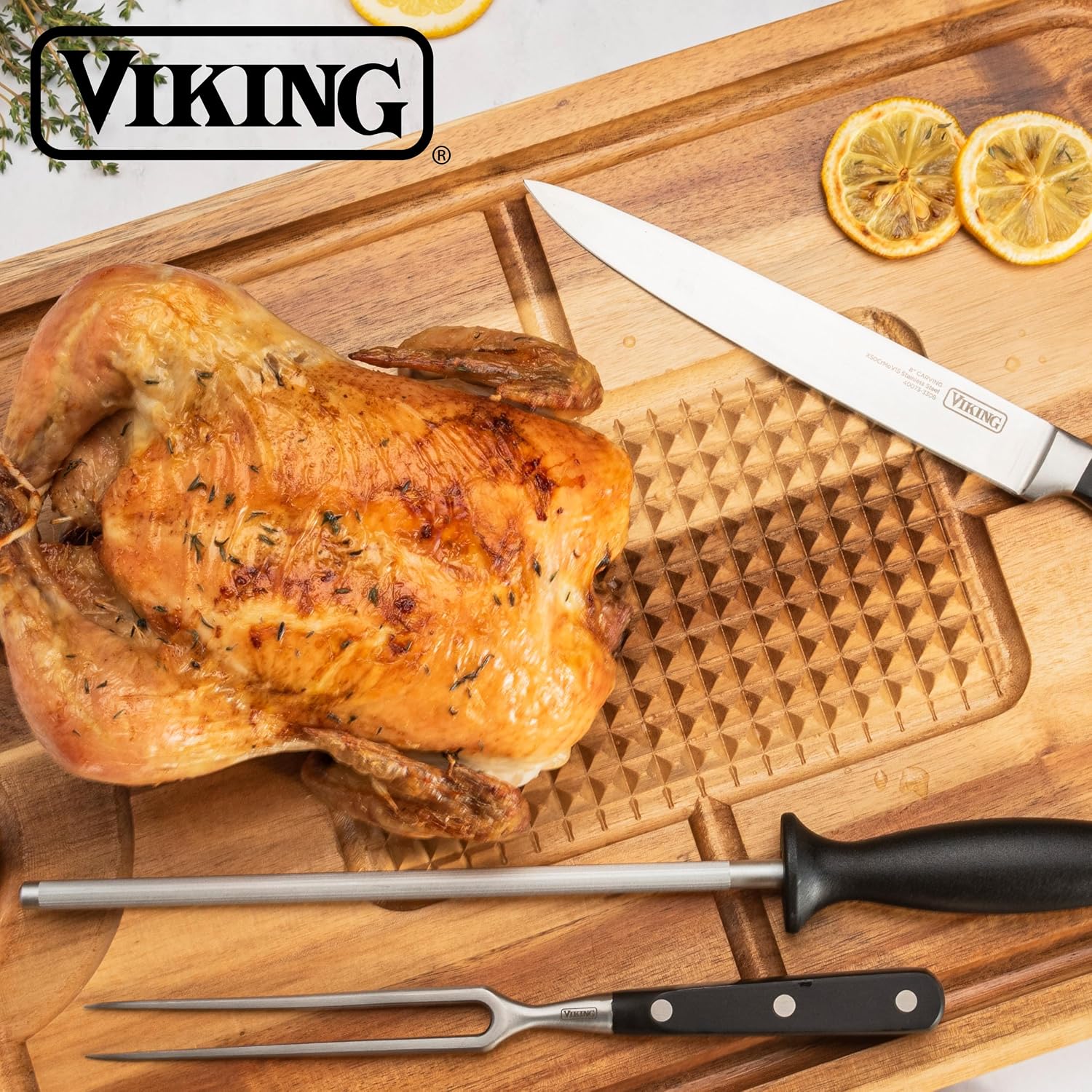 Viking Cutting Board, Acacia Wood Kitchen Butcher Block Carving Board with Juice Groove and Metal Handles, 23 x 14 x 1 Inch