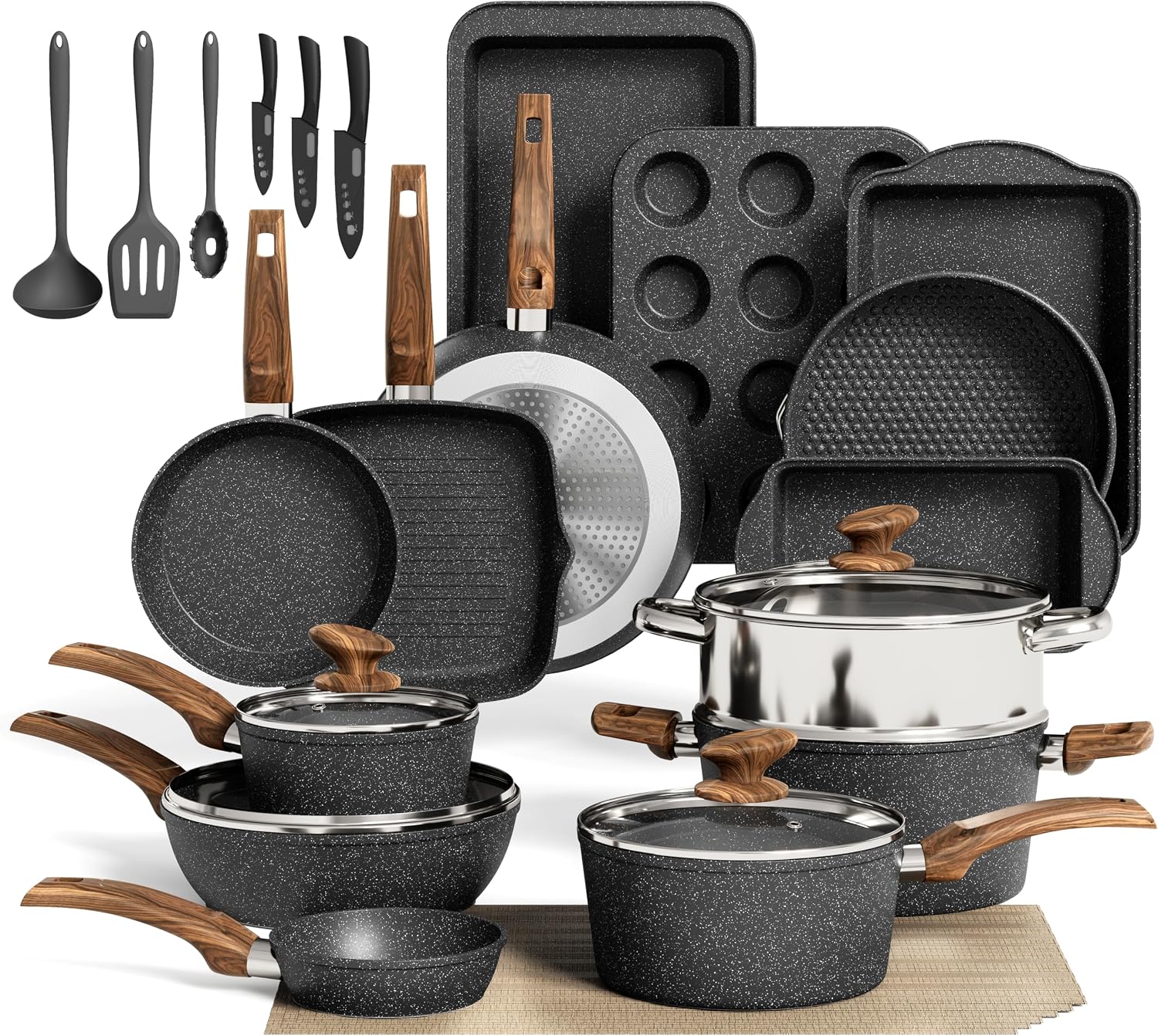 MAISON ARTS 30 Piece Pots and Pans Set, Kitchen Cookware Sets Non Stick | Induction Compatible, PFOA & PFOS Free, Bakeware Sets with Baking Tray, Frying Pan and Saucepan, Green