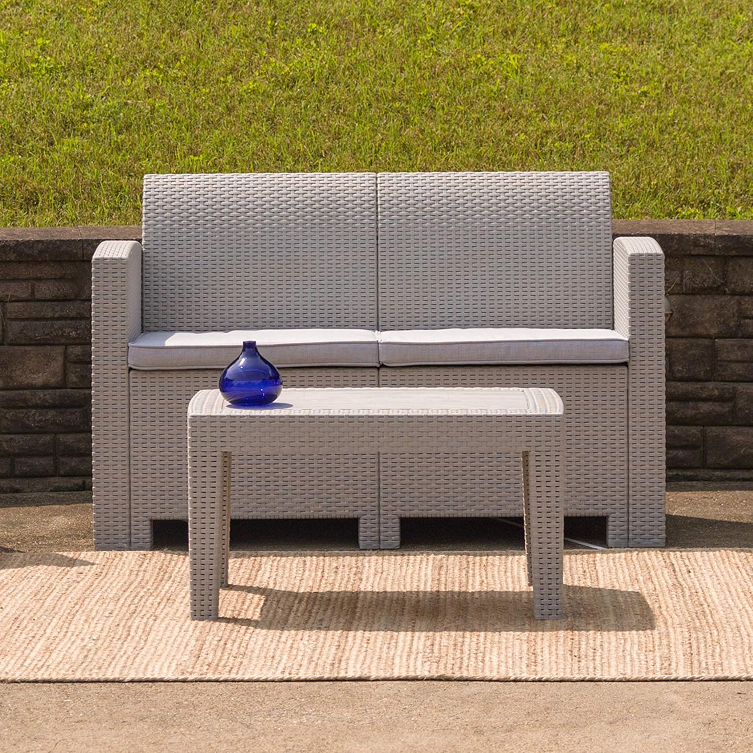 EMMA + OLIVER Light Gray Faux Rattan Loveseat with Light Gray Cushions
