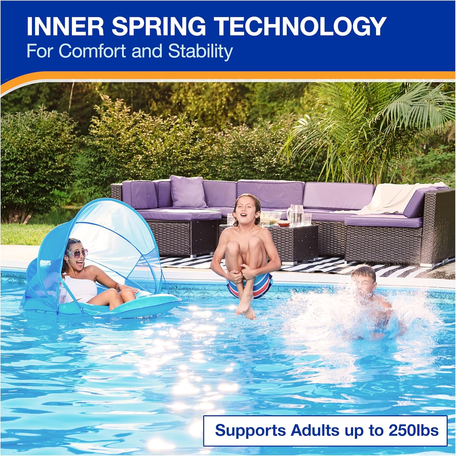 SwimWays Spring Float Recliner Chair for Swimming Pool, Inflatable Pool Floats Adult with Fast Inflation, Cup Holder & Foot Rest for Ages 15 & Up