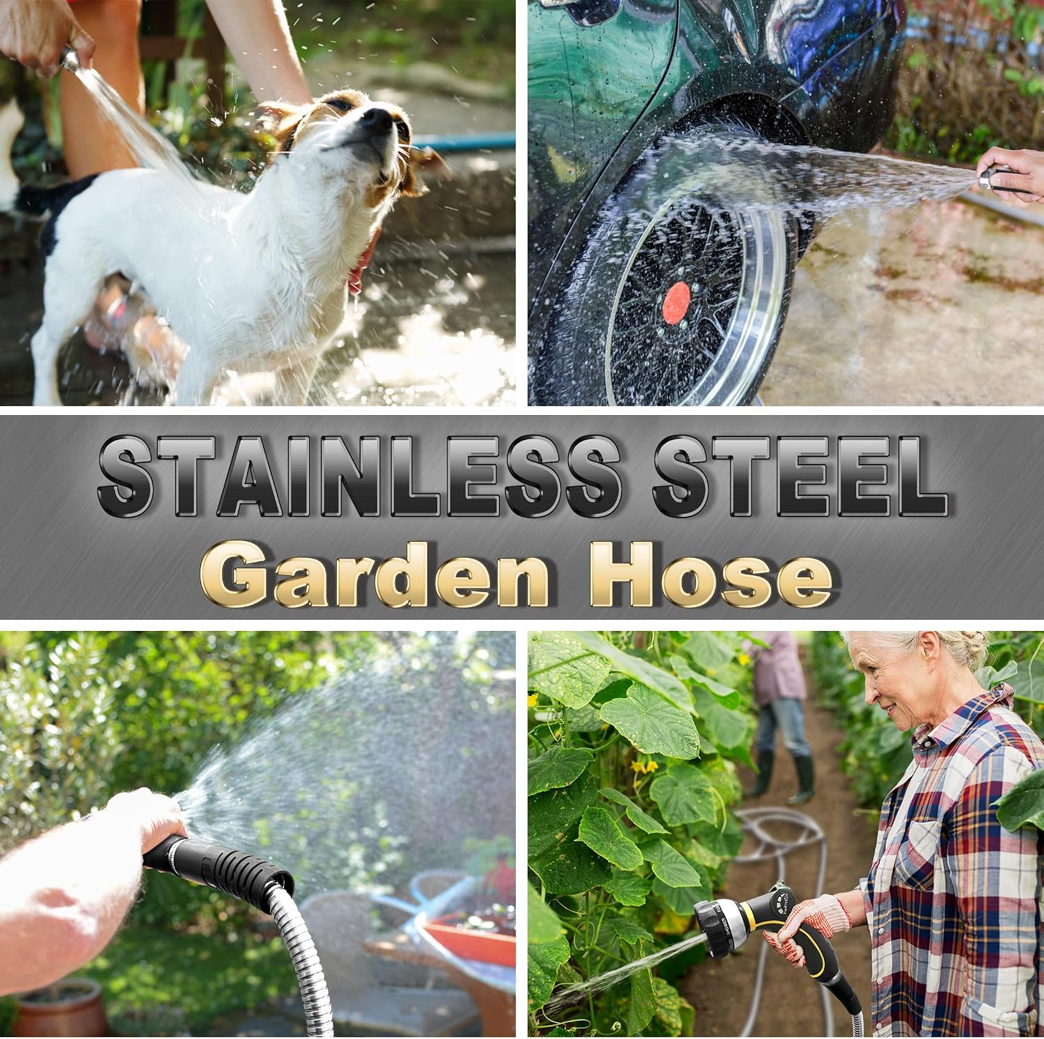 TheFitLife Flexible Metal Garden Water Hose - Upgrade Leak and Fray Resistant Design, Stainless Steel with Solid Fittings and Sprayer Nozzle