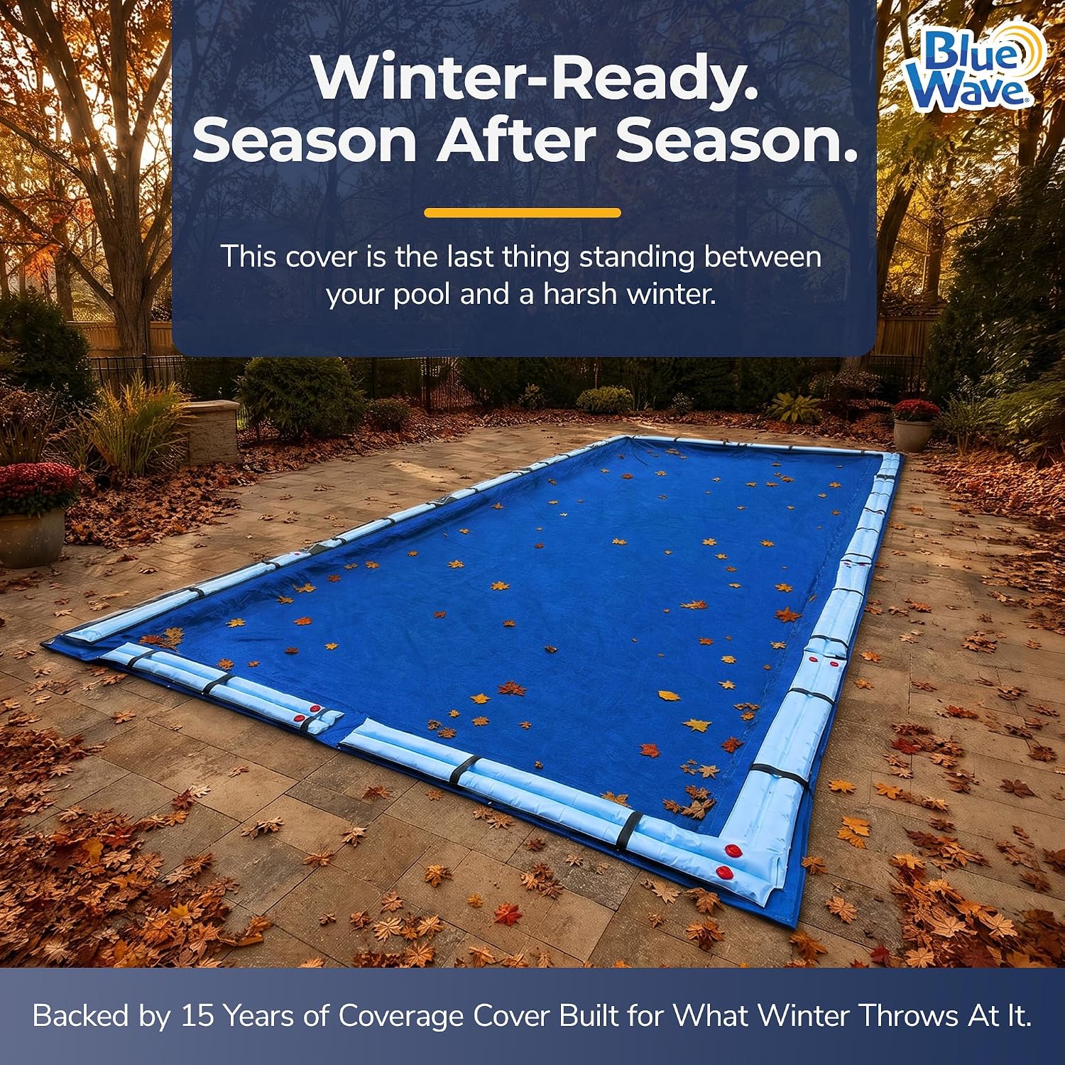Blue Wave Arctic Armor 14x28-ft Rectangular In-Ground Pool Winter Cover | Solid polyethylene, black underside, heat-sealed seams, grommets, cable, winch, 5-ft overlap, 15-yr support, blocks debris