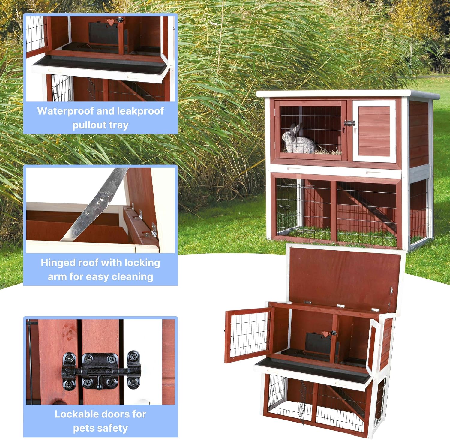 TRIXIE natura Outdoor Rabbit Hutch with Run - 2-Story Rabbit Cage with Non-Slip Ramp - Medium Elevated Small Animal House with Secure Playpen, Hinged Roof & Pull-Out Tray - in Brown