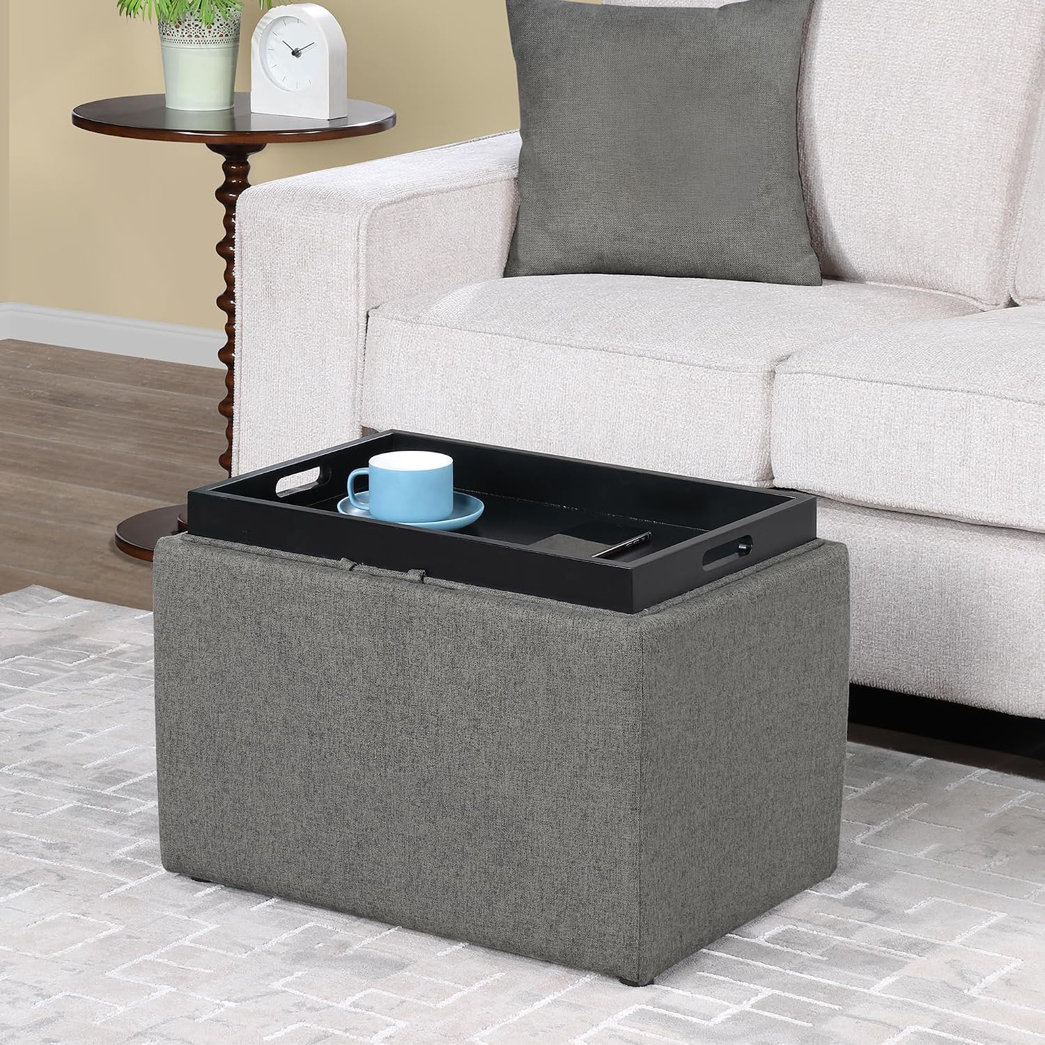 Convenience Concepts Designs4Comfort Accent Storage Ottoman 22.75" - Modern Foot Stool with Decorative Tray for Living Room, Dining Room, Office, Blue Faux Leather