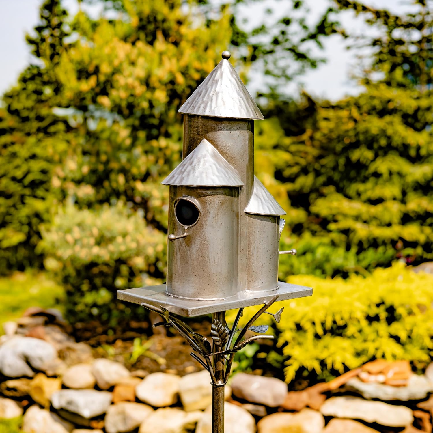Large Copper Colored Multi-Birdhouse Stakes, Room for 4 Bird Families in Each (Cube Homes with Pyramid Roofs)