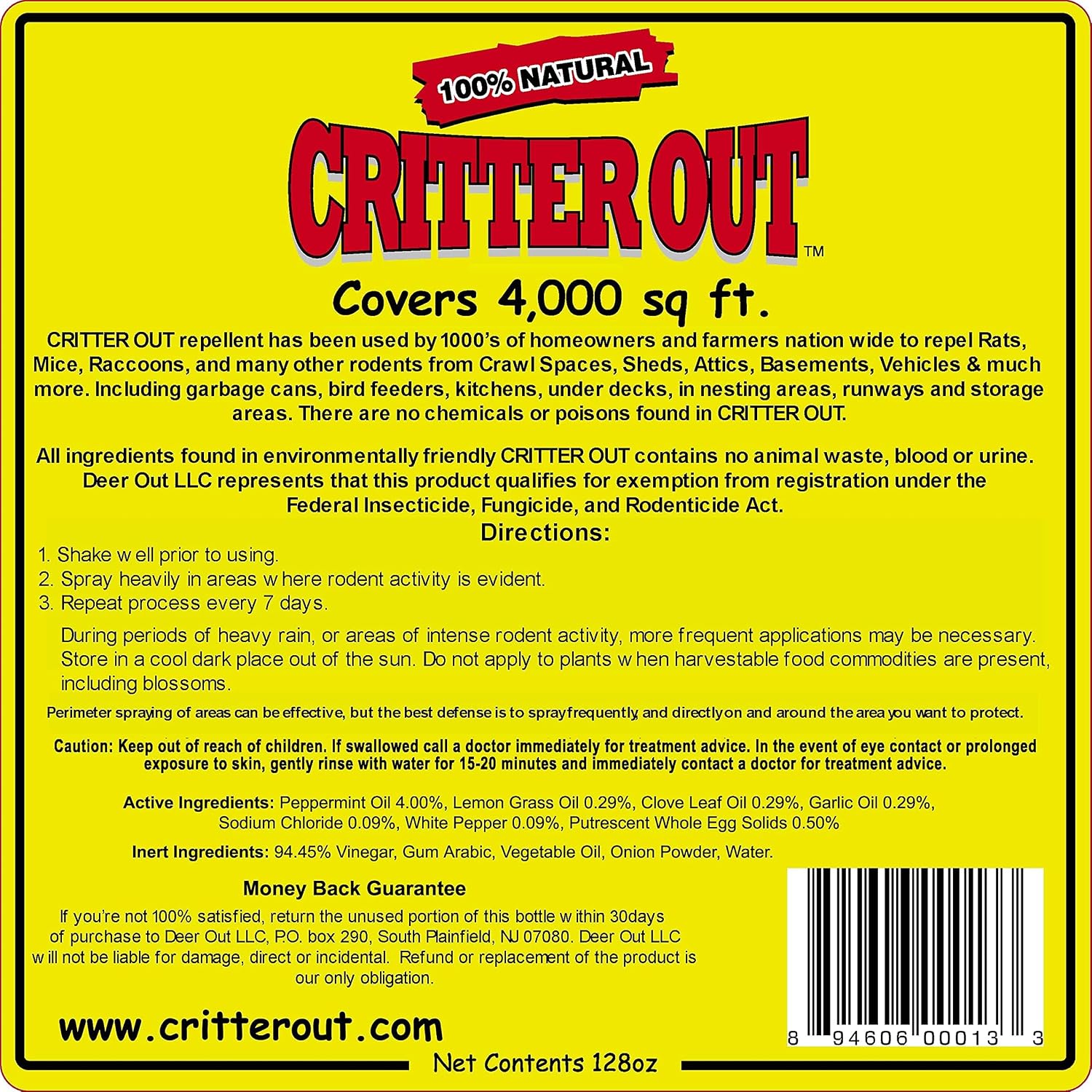 Mouse & Rat Repellent: Rodent Repellent: Critter Out 1 Gallon Ready to Use | Mouse & Rat repellent, Peppermint Oil Repellent, Get Rid of Rats, Prevent Nesting, Stops Chewing, Protect Engine Wiring