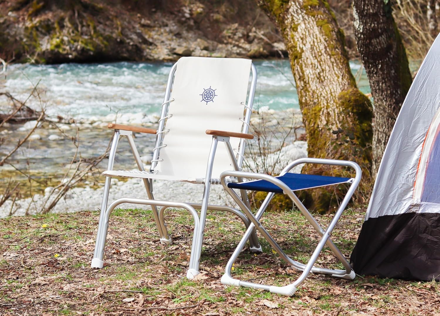 High Back Deck Chair, Boat Chair, Folding, Anodized, Aluminium, Off-White, Model M150W