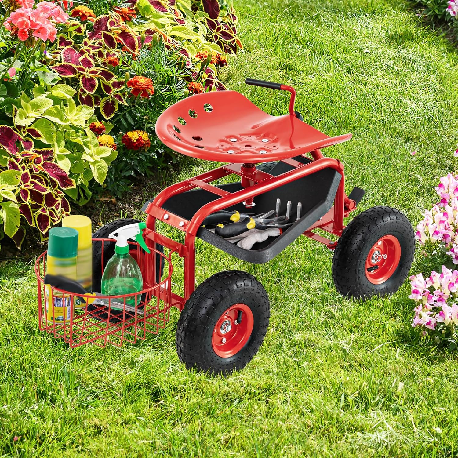 Goplus Rolling Garden Cart with Seat, Outdoor Garden Stool with Wheels, Tool Tray & Basket, Adjustable Steering Handle