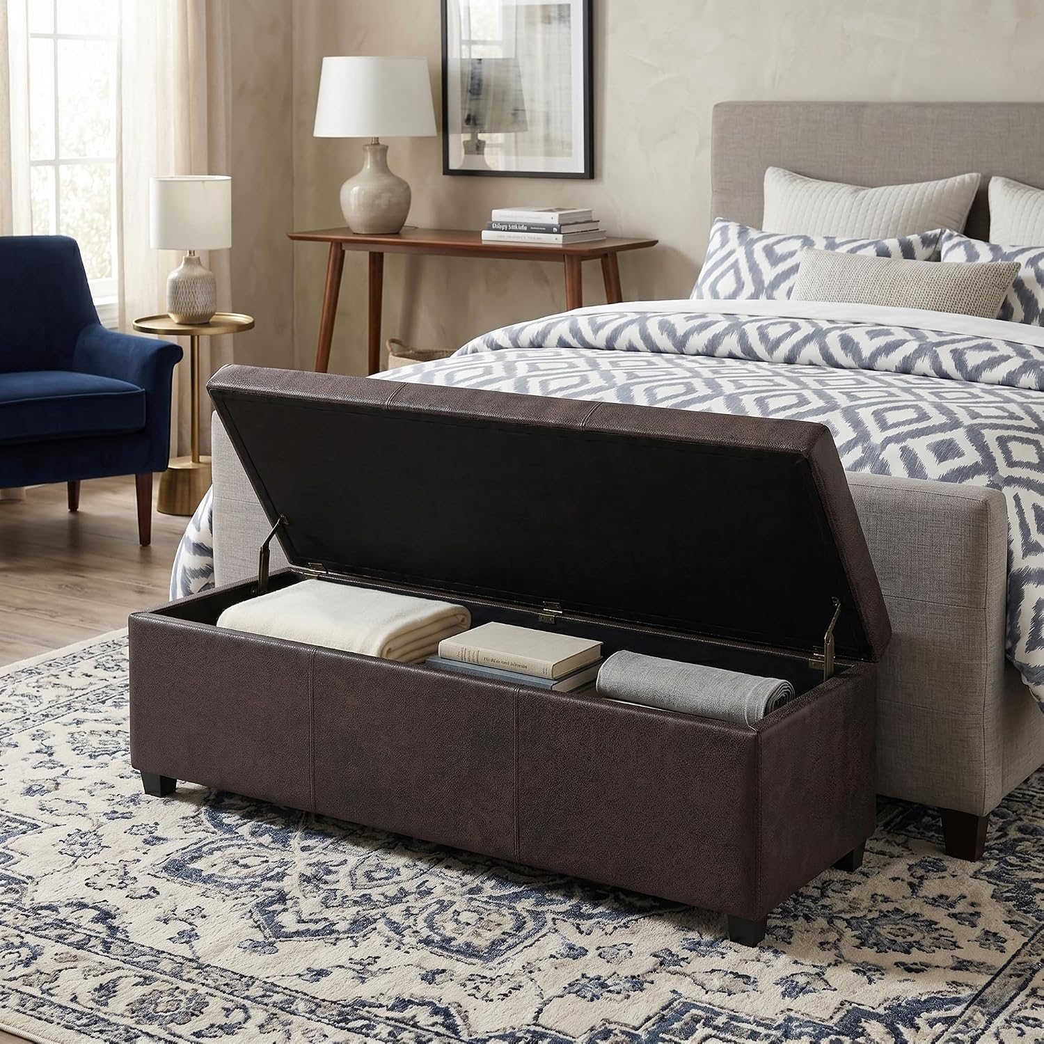 SIMPLIHOME Avalon 54" Wide Vegan Leather Storage Ottoman in Tanners Brown