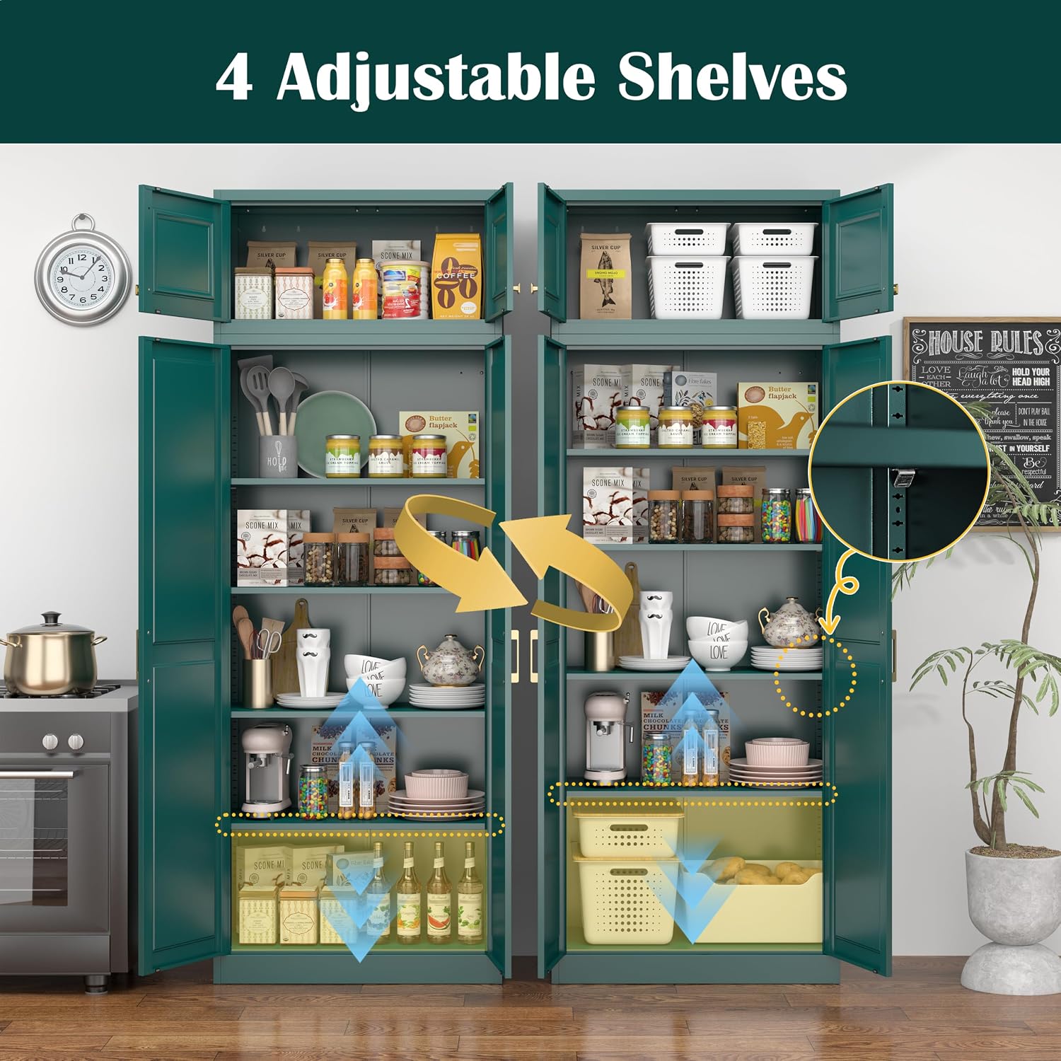 Steeloong 71"Metal Pantry Storage Cabinet with Doors & 4 Adjustable Shelves | Kitchen Pantry Cabinet,White Kitchen Cabinet with 2 Gold Handles,Tall Cabinet for Livingroom,Pantry, Bathroom,Kitchen